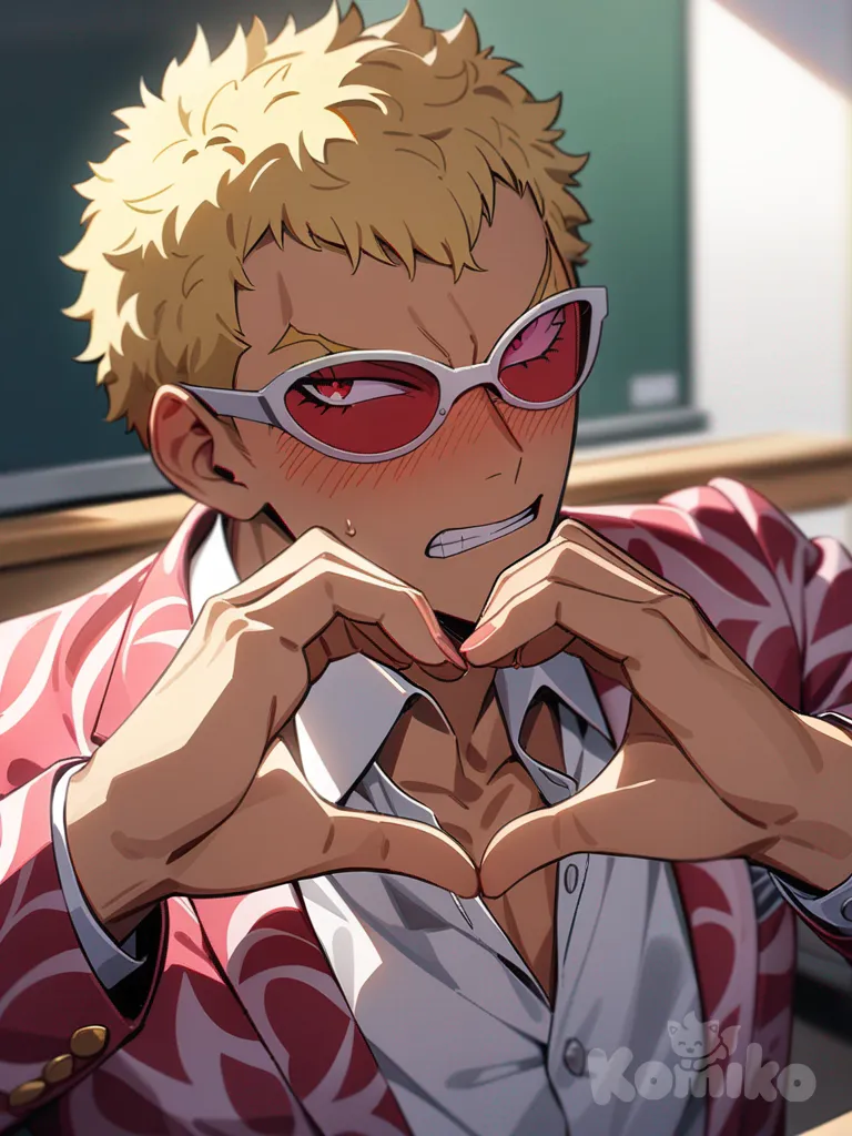 Donquixote Doflamingo, blush, heart hands, school uniform, classroom, upper body, blonde hair