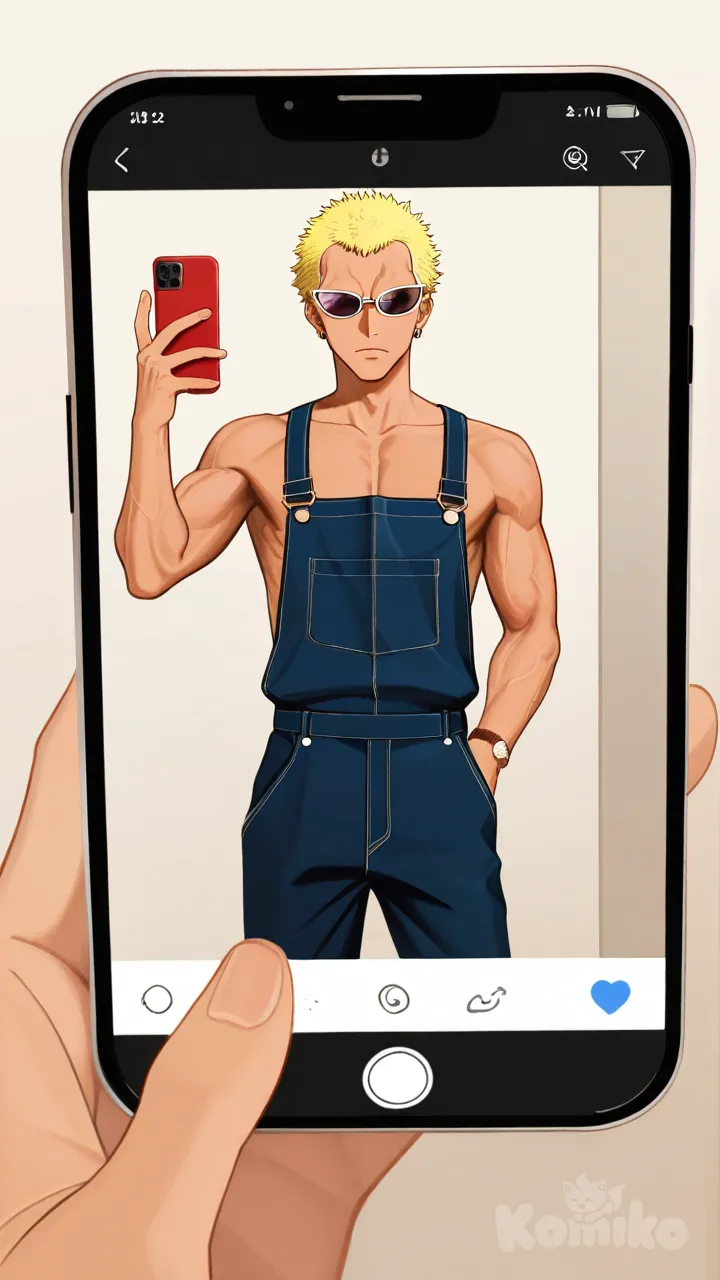 Donquixote Doflamingo, looking at phone, overalls, bird's-eye view, shocked 1man, sunglasses
