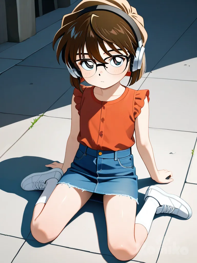 Ai Haibara, detective Conan, sitting on the ground, denim skirt, headphones