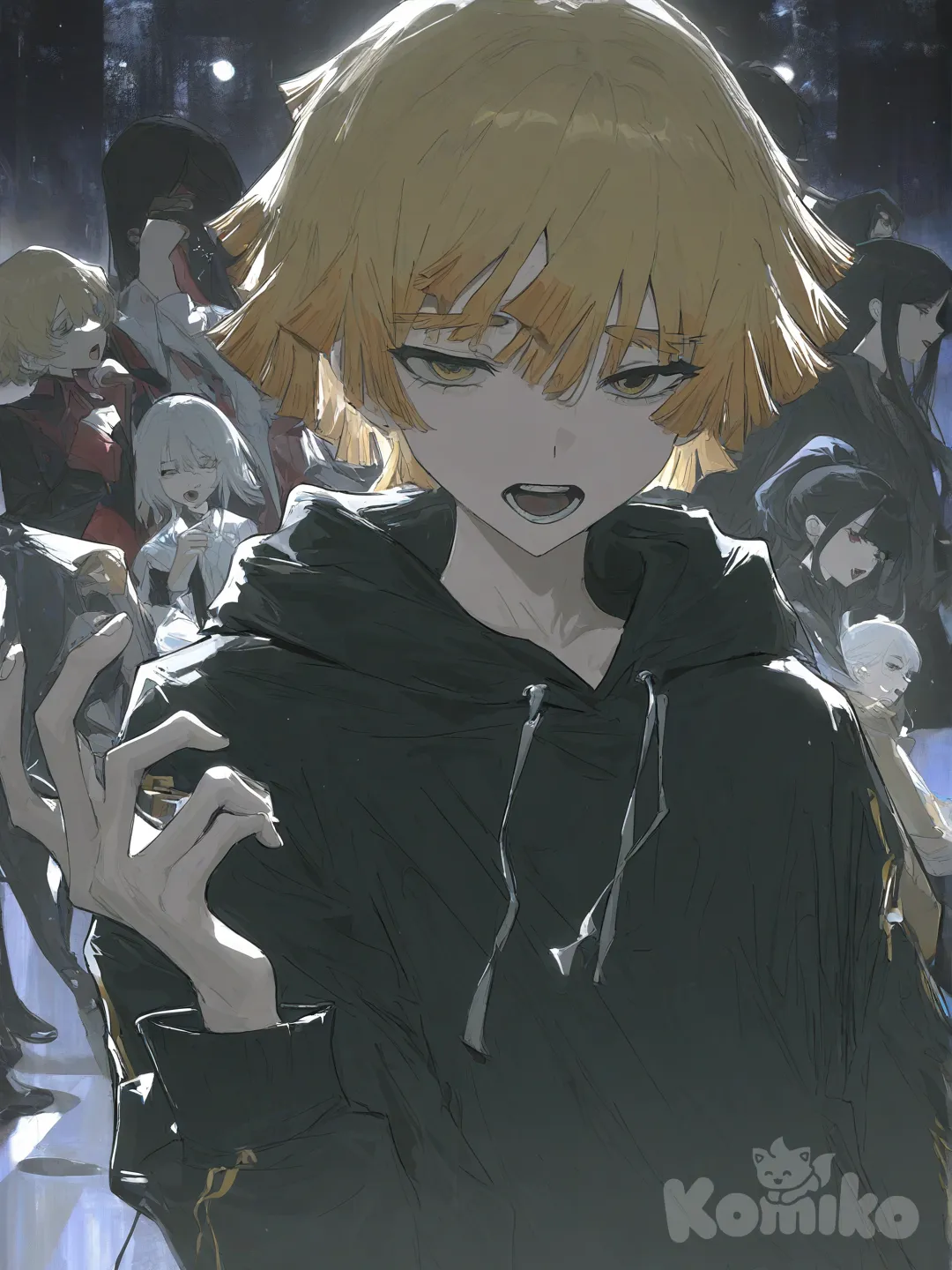 Agatsuma Zenitsu, [desaturated-illustration-style], singing, hoodie, upper body