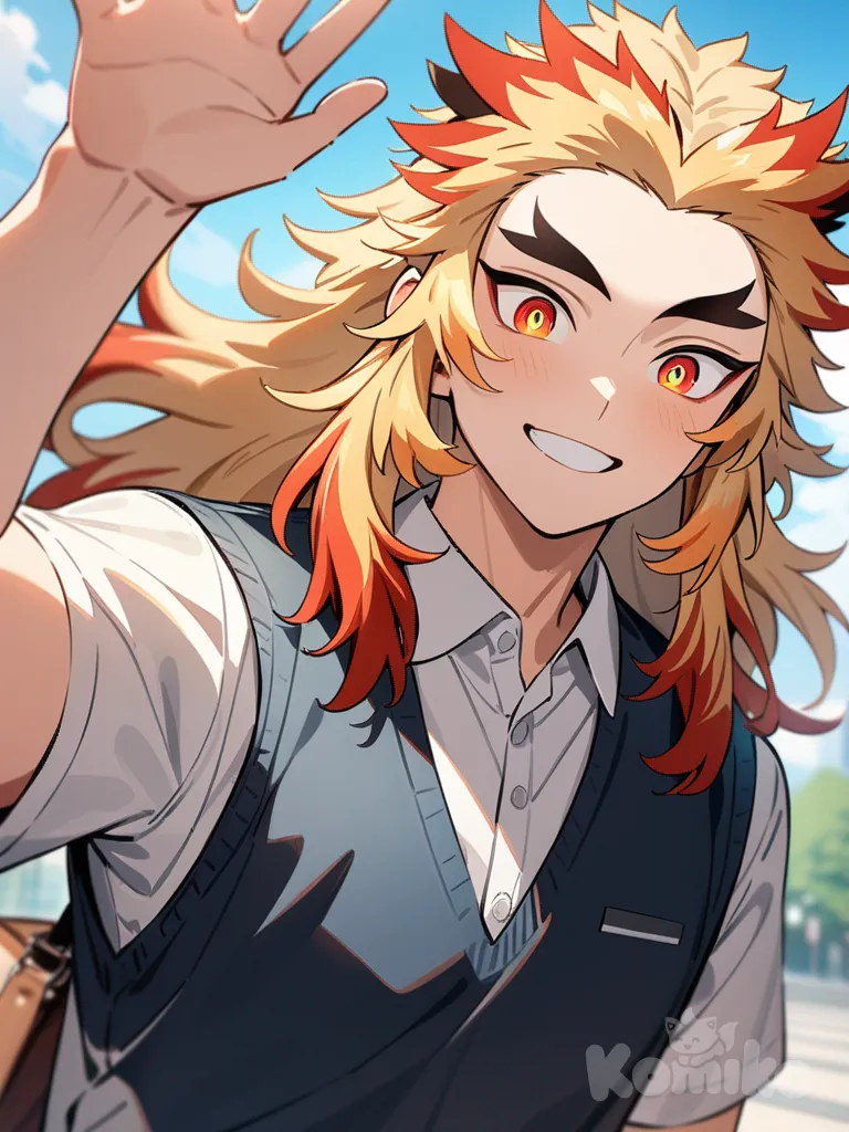 Rengoku Kyoujurou, pastel colors, waving, school vest, upper body