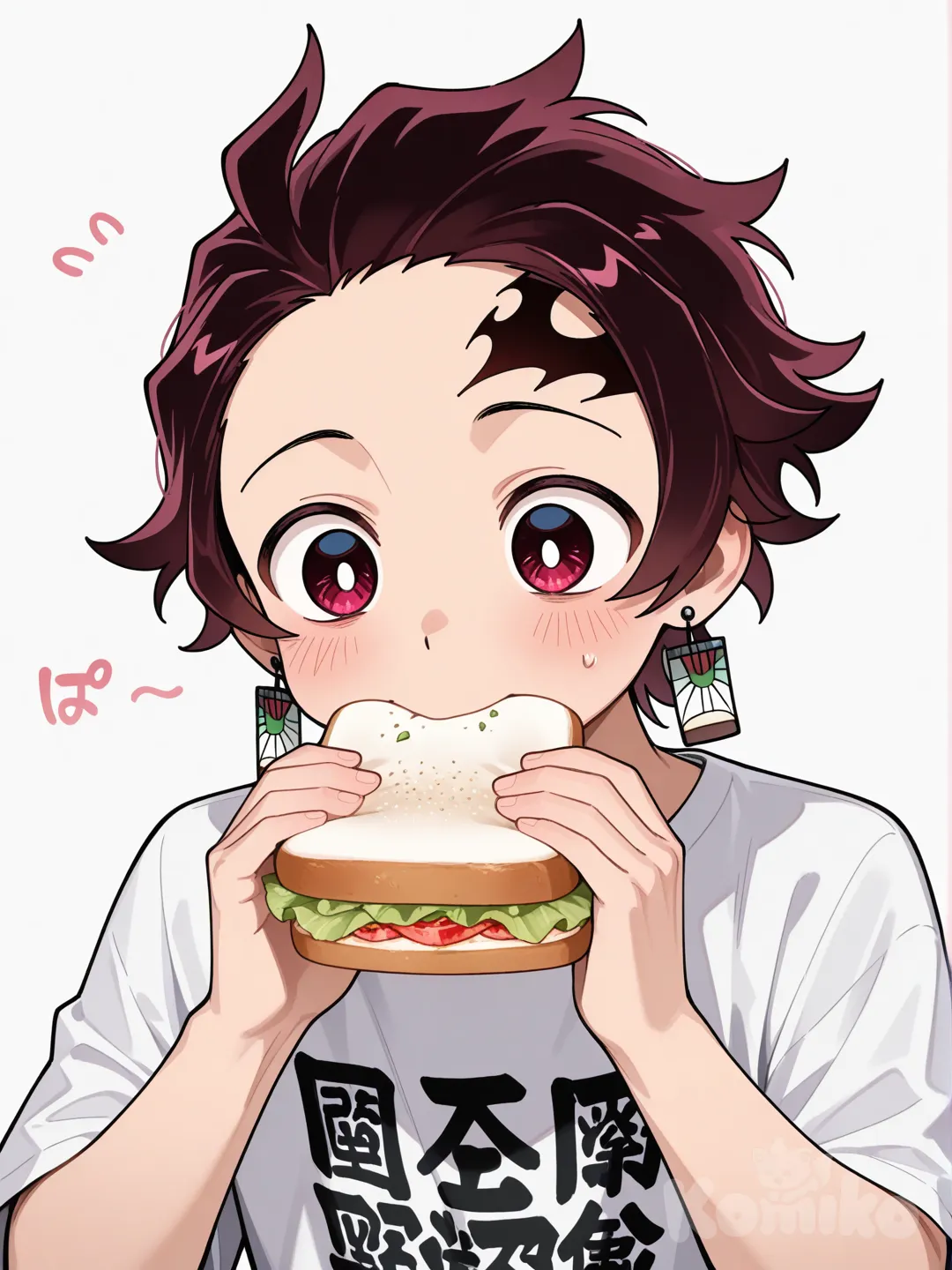 Kamado Tanjirou, [glossy-anime-style], eating sandwich, t-shirt, upper body,1man