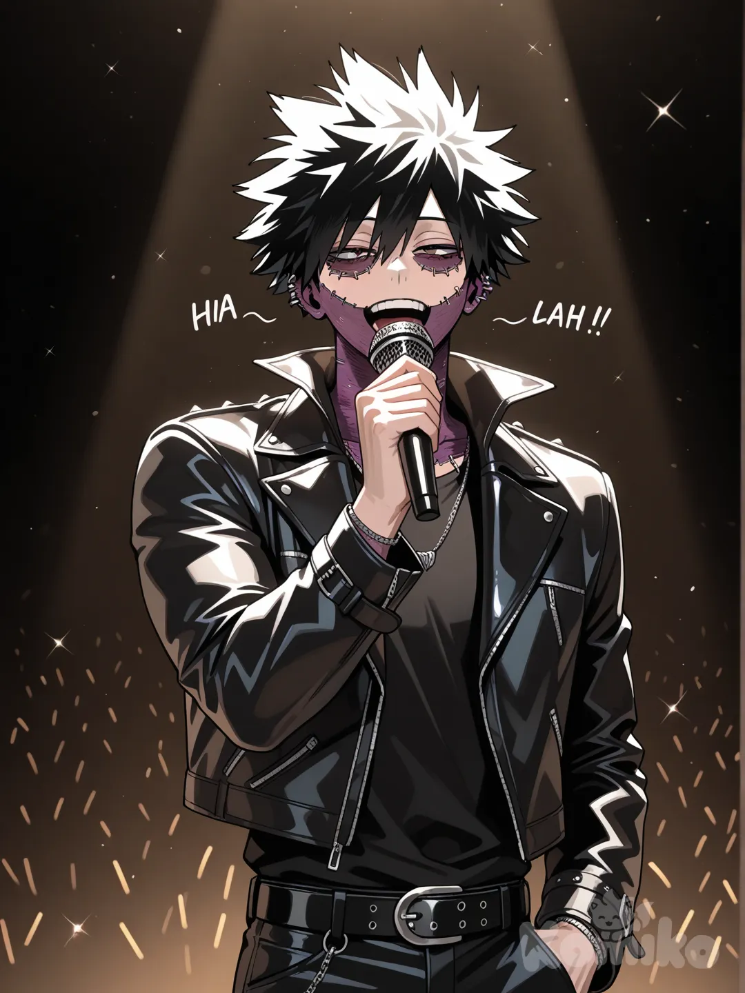 Dabi (Boku No Hero Academia), [glossy-anime-style], singing, leather jacket,1man