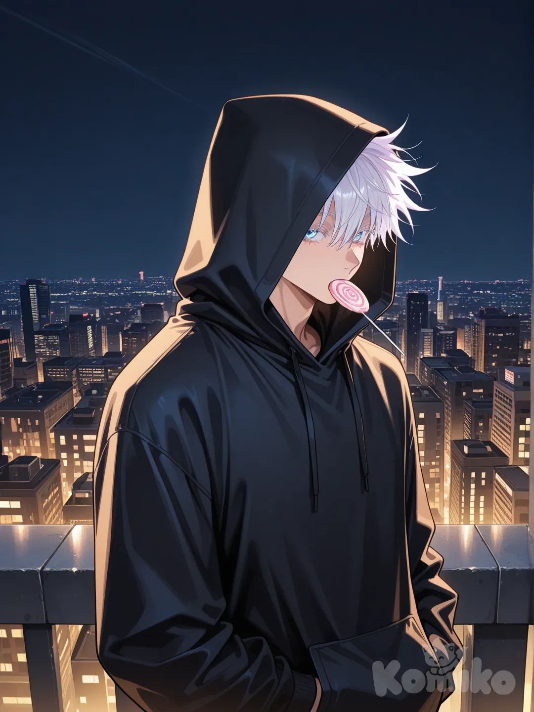 gojou satoru, [glossy-anime-style], swirl lollipop, hood up, city lights, background, 1boy