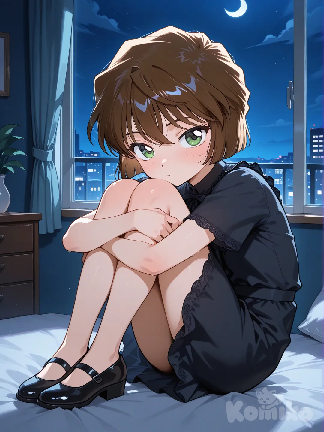 Ai haibara, detective Conan, [glossy-anime-style], hugging own legs, black dress, room, night