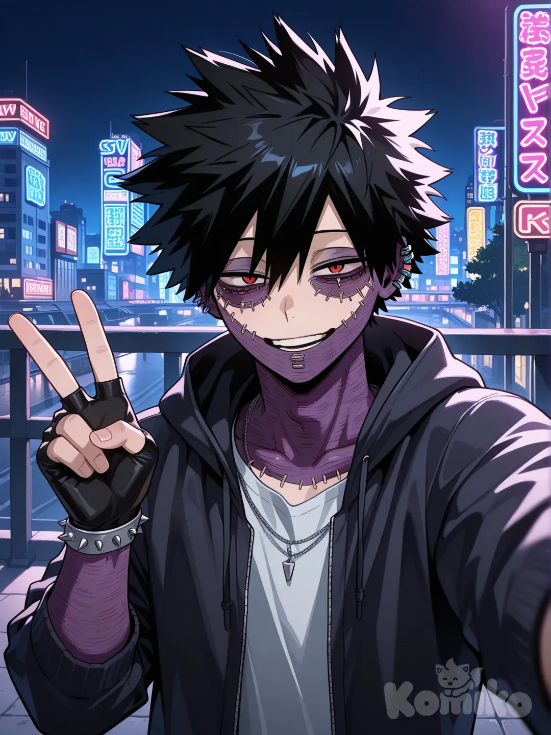 Dabi (Boku No Hero Academia), [glossy-anime-style], fingerless gloves, open hoodie, v sign, selfie, night, neon lights, cityscape,1boy