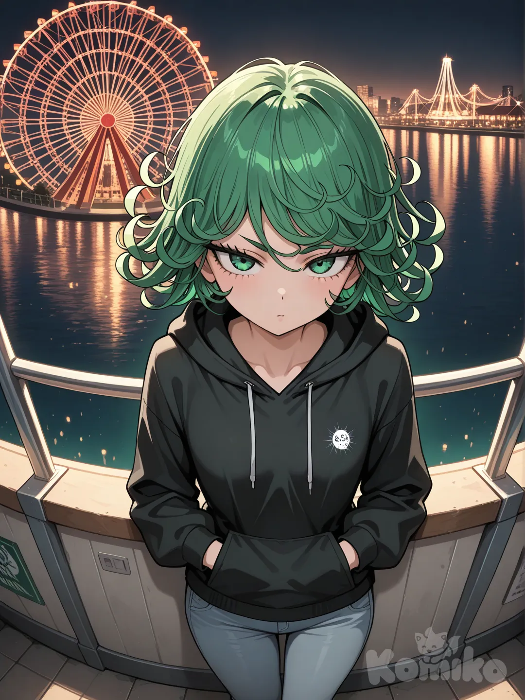 tatsumaki, one punch man, [glossy-anime-style], leaning on object, black hoodie, pants, cinematic lighting, ferris wheel, from above, looking at viewer