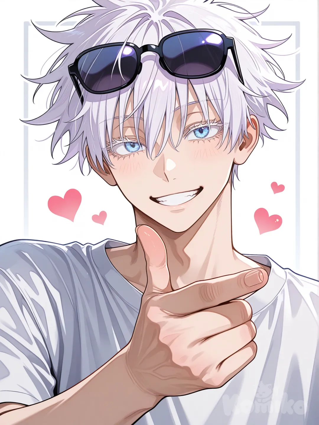 Gojou Satoru, [glossy-anime-style], finger gun heart,shirt, eyewear on head, upper body,1boy