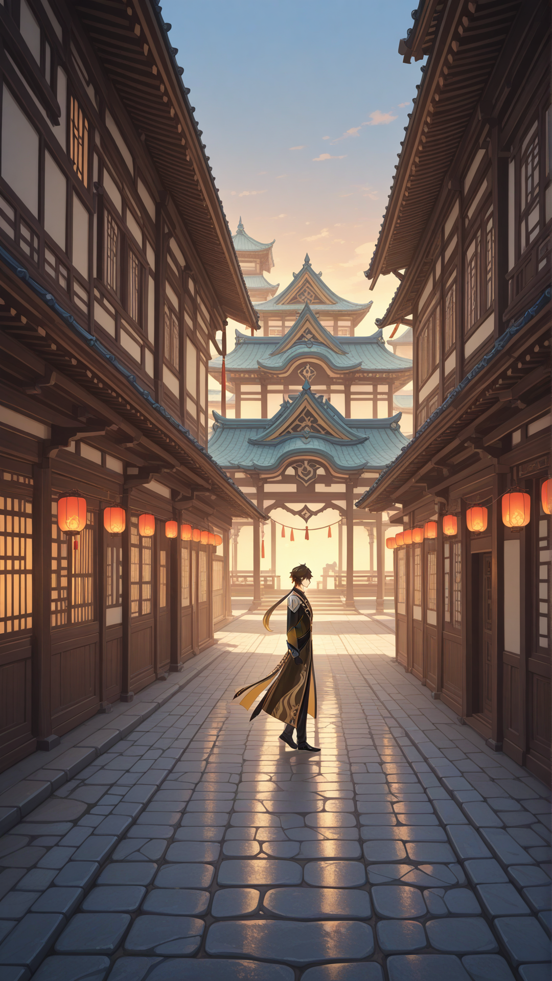 Zhongli (Genshin Impact)male,
walking casually,
calm expression, composed demeanor,

half body, upper body,
close-up shot,
waist up,
slight three-quarter view,

traditional Chinese village,
ancient Chinese town,
Liyue-style architecture,
wooden buildings, stone street,
red lanterns, tiled roofs,

daytime, soft natural light,
warm lighting,
peaceful atmosphere,

brown and gold outfit,
long coat, elegant clothing,
refined details,

cinematic composition,
high detail,
clean lineart,
anime style,
fantasy realism