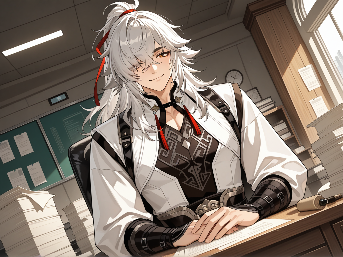 single character focus: Jing Yuan
only one Jing Yuan

Jing Yuan sitting at work desk
Jing Yuan front view
Jing Yuan facing camera
visible face
calm, slightly amused expression
composed posture
subtle comedic mood

half body shot
medium shot
slightly tilted angle
cinematic framing
clear character emphasis

office interior
wooden desk
documents and scrolls
indoor lighting