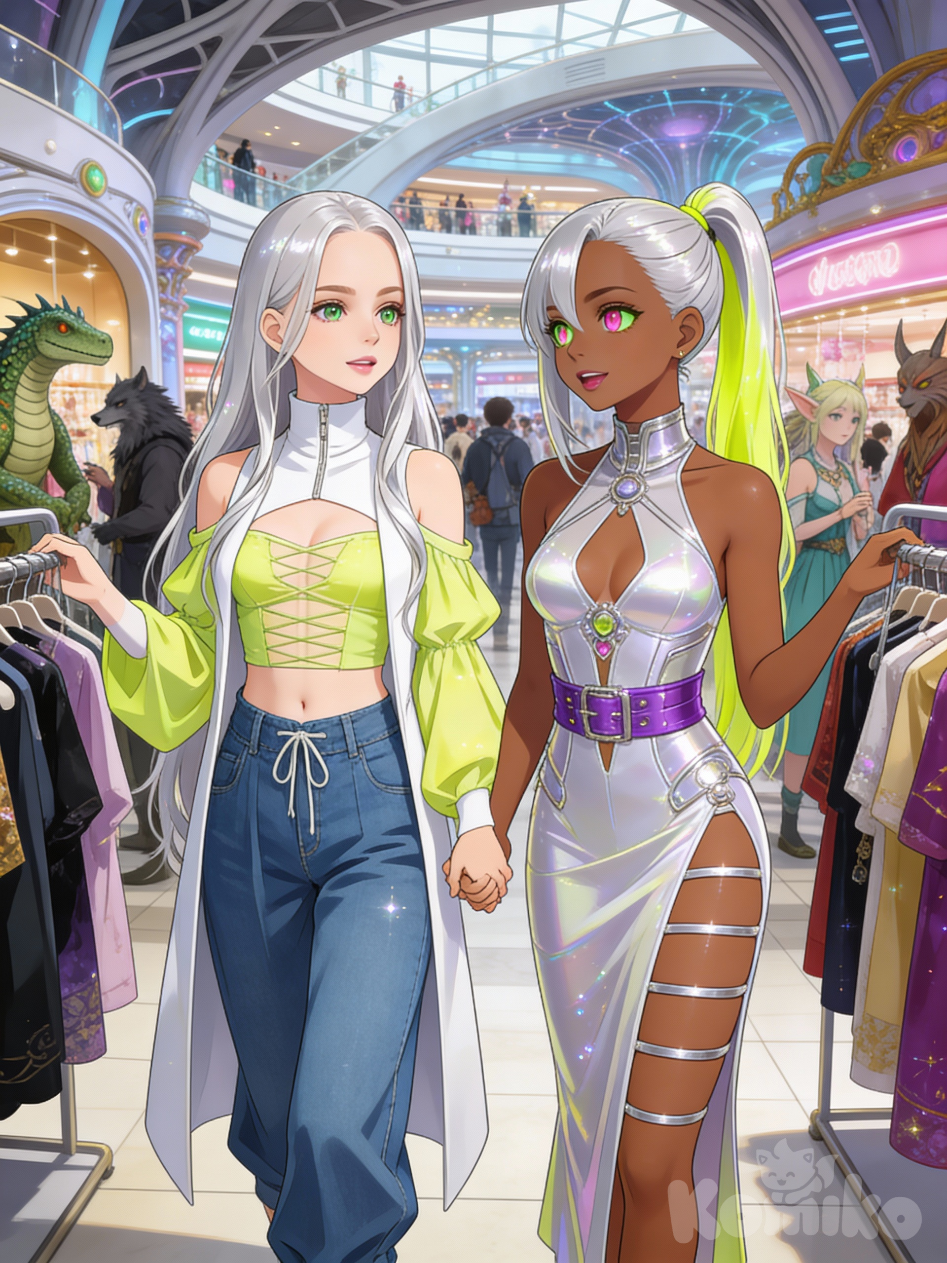 Hermosas hermanas de compras en un mundo de fantasía