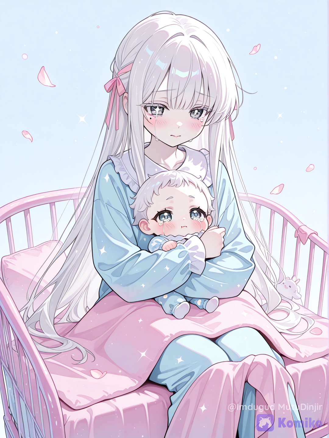 @vi-grayton-bnMF, adorable albino anime baby girl, baby body, long platium hair with soft pastel ribbons, large sparkling silver eyes, cute crying expression, tiny shy mouth, noticeable blush, hugging a stuffed animal, sitting baby crib with pink blanket and stuffed animals inspired by a delicate fairy-like illustration, adorable baby, pijama adorable de bebé, baby princess, dreamy atmosphere, soft lighting, innocent and wholesome mood, ultra anime illustration, smooth pastel shading, magical sparkles, ethereal fantasy aesthetic, clean white and pale blue background with floating petals and light particles, soft-focus composition, quality, gentle and heartwarming feeling