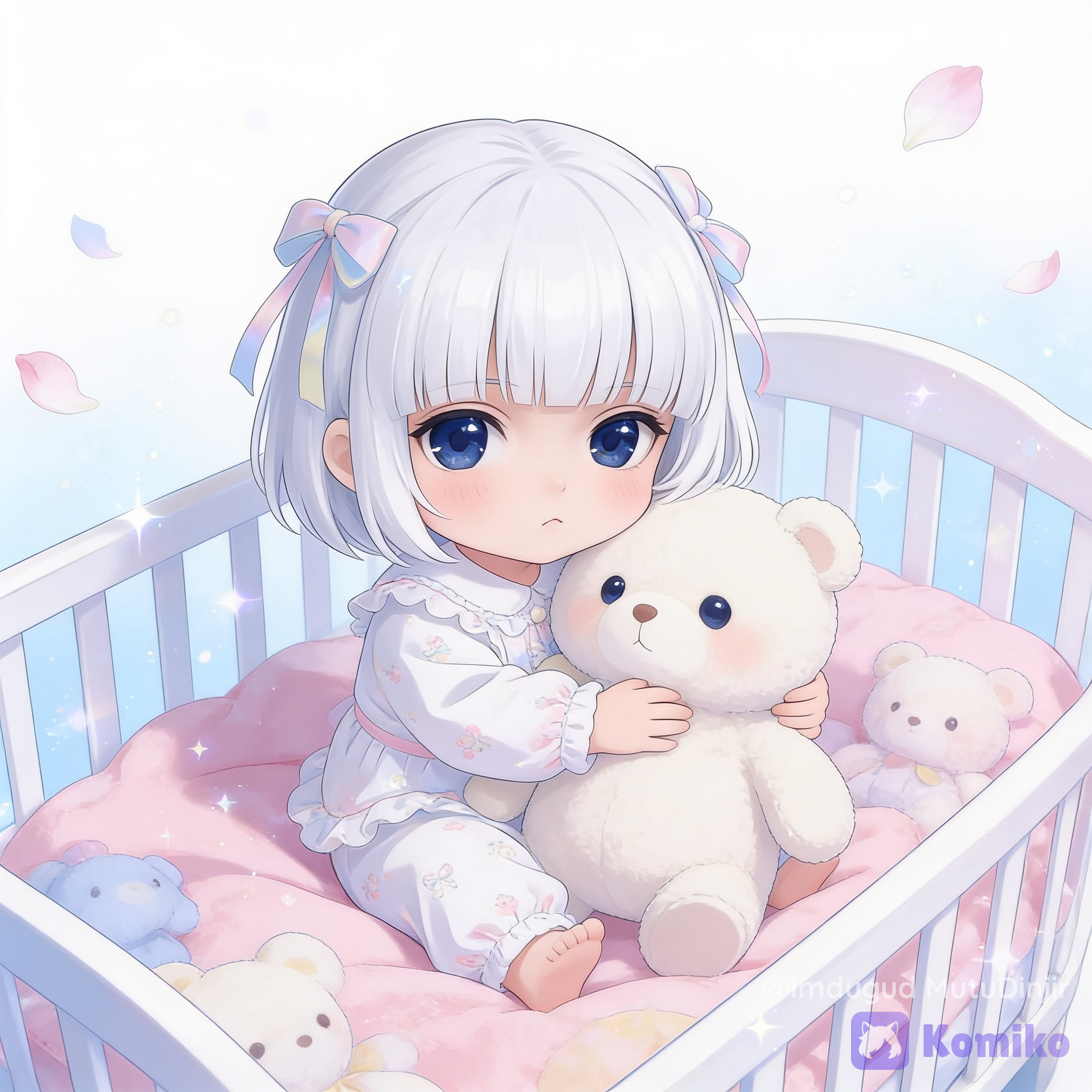 Miraculous cute baby @kanna-shenlong-hibara-RuB6, adorable albino anime baby girl, baby body, short platium hair with soft pastel ribbons, large sparkling dark blue eyes, cute expression, puppy-dog eyes and pouting, tiny shy mouth, noticeable blush, hugging a big stuffed animal, sitting Big baby crib with pink blanket and stuffed animals inspired by a delicate fairy-like illustration, adorable baby, pijama adorable de bebé, baby princess, dreamy atmosphere, soft lighting, innocent and wholesome mood, ultra anime illustration, smooth pastel shading, magical sparkles, ethereal fantasy aesthetic, clean white and pale blue background with floating petals and light particles, soft-focus composition, quality, gentle and heartwarming feeling