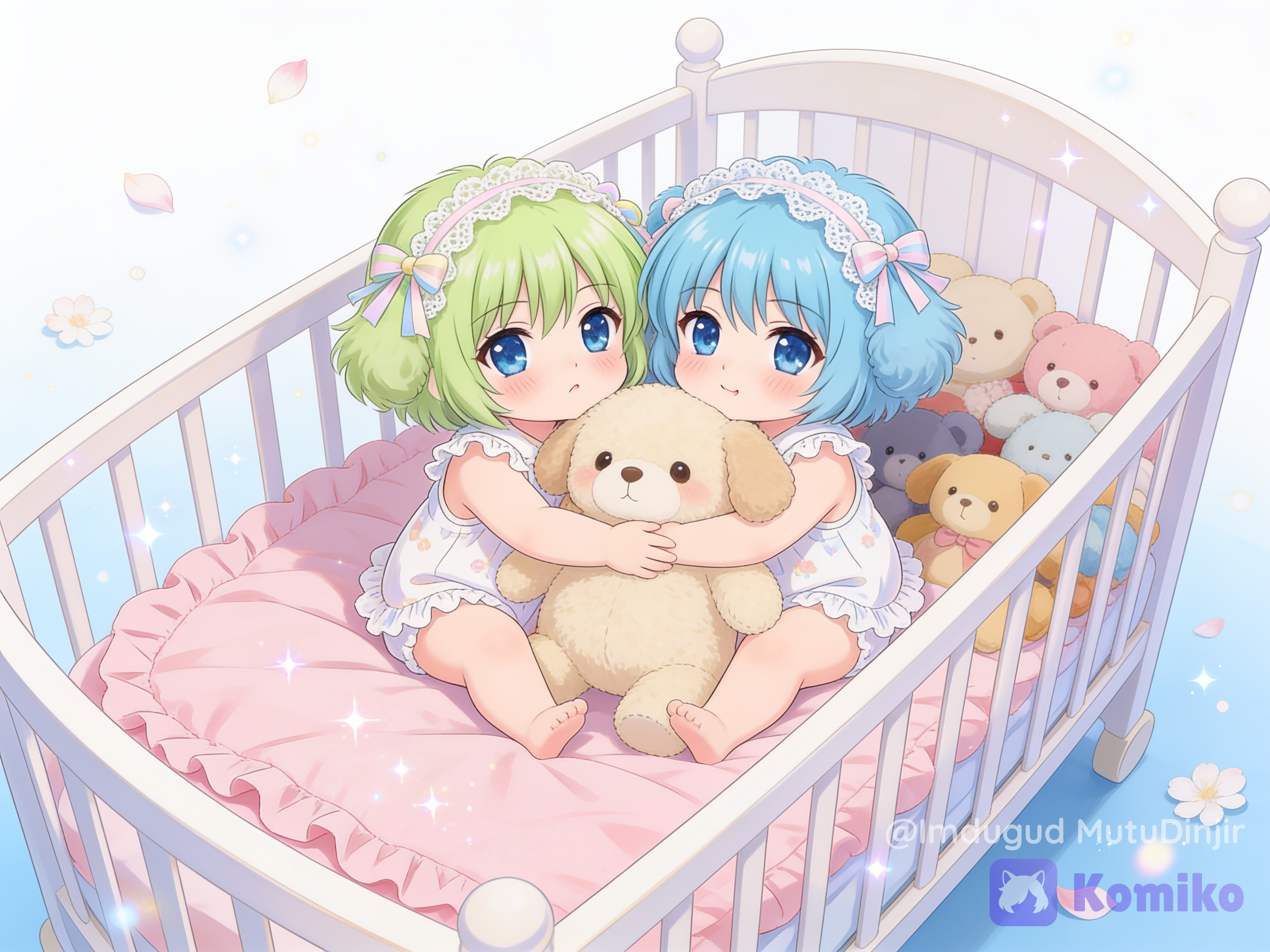 2girls. Miraculous cute baby @an-chan-CcVI and @vi-chan-opvM, adorable anime baby girls, baby body, short hair with soft pastel ribbons, large sparkling eyes, cute expression, puppy-dog eyes and pouting, tiny shy mouth, noticeable blush, hugging a big stuffed animal, sitting Big baby crib with pink blanket and stuffed animals inspired by a delicate fairy-like illustration, adorable baby, pijama adorable de bebé, baby princess, dreamy atmosphere, soft lighting, innocent and wholesome mood, ultra anime illustration, smooth pastel shading, magical sparkles, ethereal fantasy aesthetic, clean white and pale blue background with floating petals and light particles, soft-focus composition, quality, gentle and heartwarming feeling