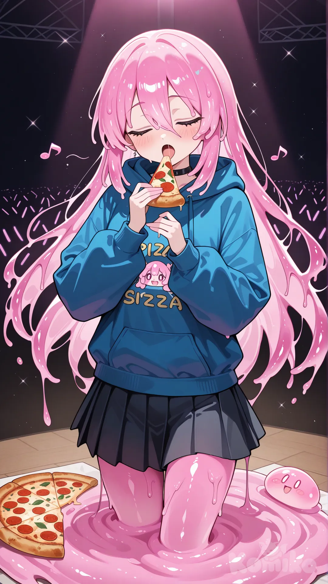 slime girl, pink slime, blue hoodie, skirt, pizza slice, singing