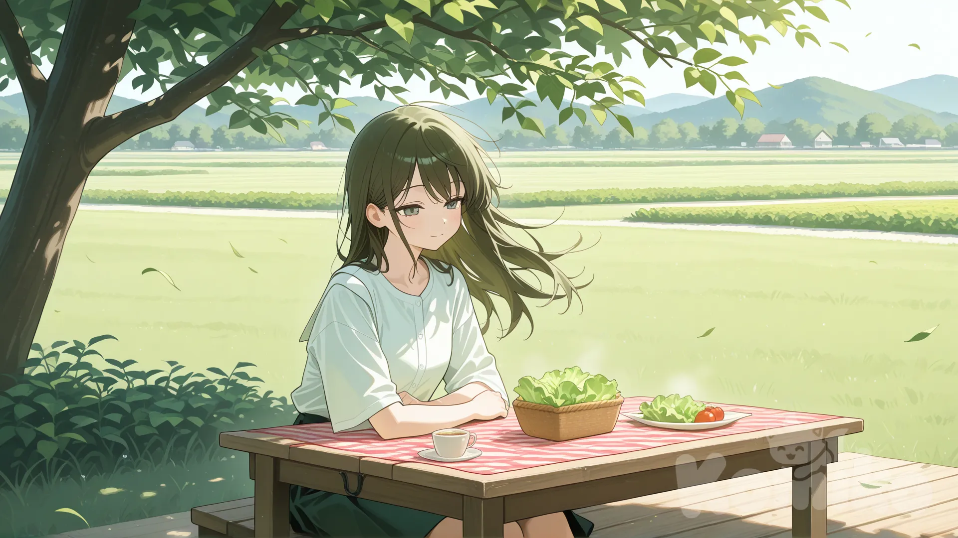Leaf of lettuce, chill atmosphere, slight breeze, picnic table