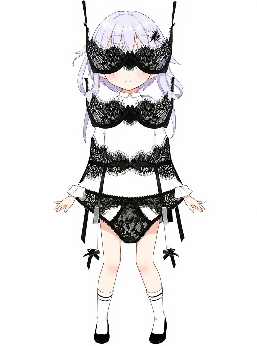 1girl, Messenger_creation_046104F5-7AE1-47DD-82CA-CF45F9A41398, mature, curvy, black hair, purple hair, mullet, brown eyes, fair skin, apron, tassels, single character, full body, looking at viewer, anime style, simple background, white background