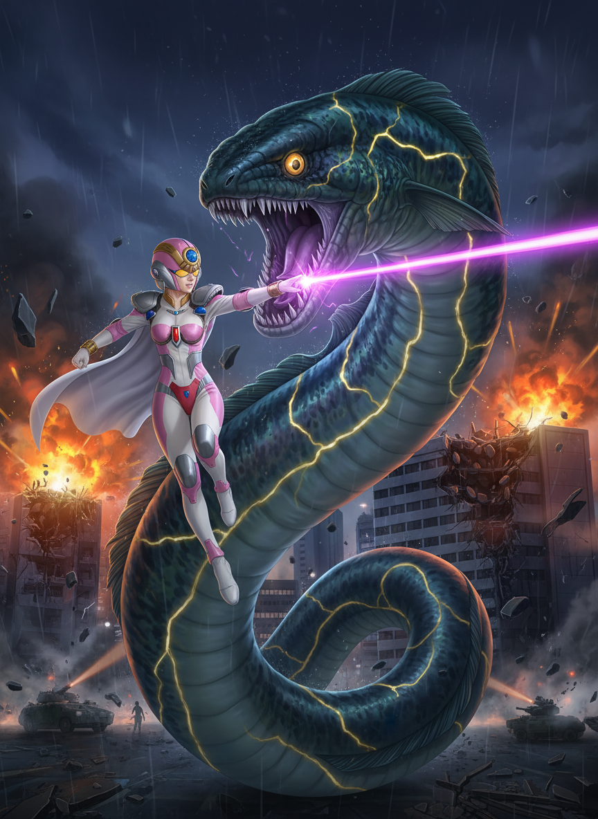 Fighting an Eel Kaijin