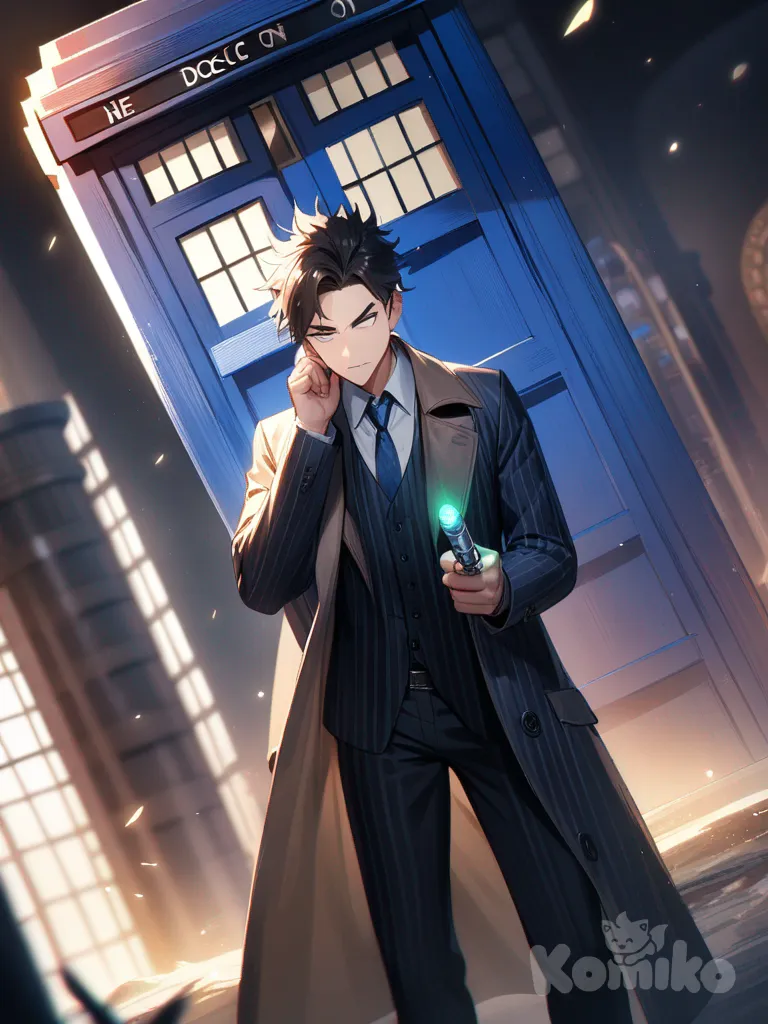 1boy,pinstripe suit, trench coat, sonic screwdriver, tardis, doctor who, spiky hair