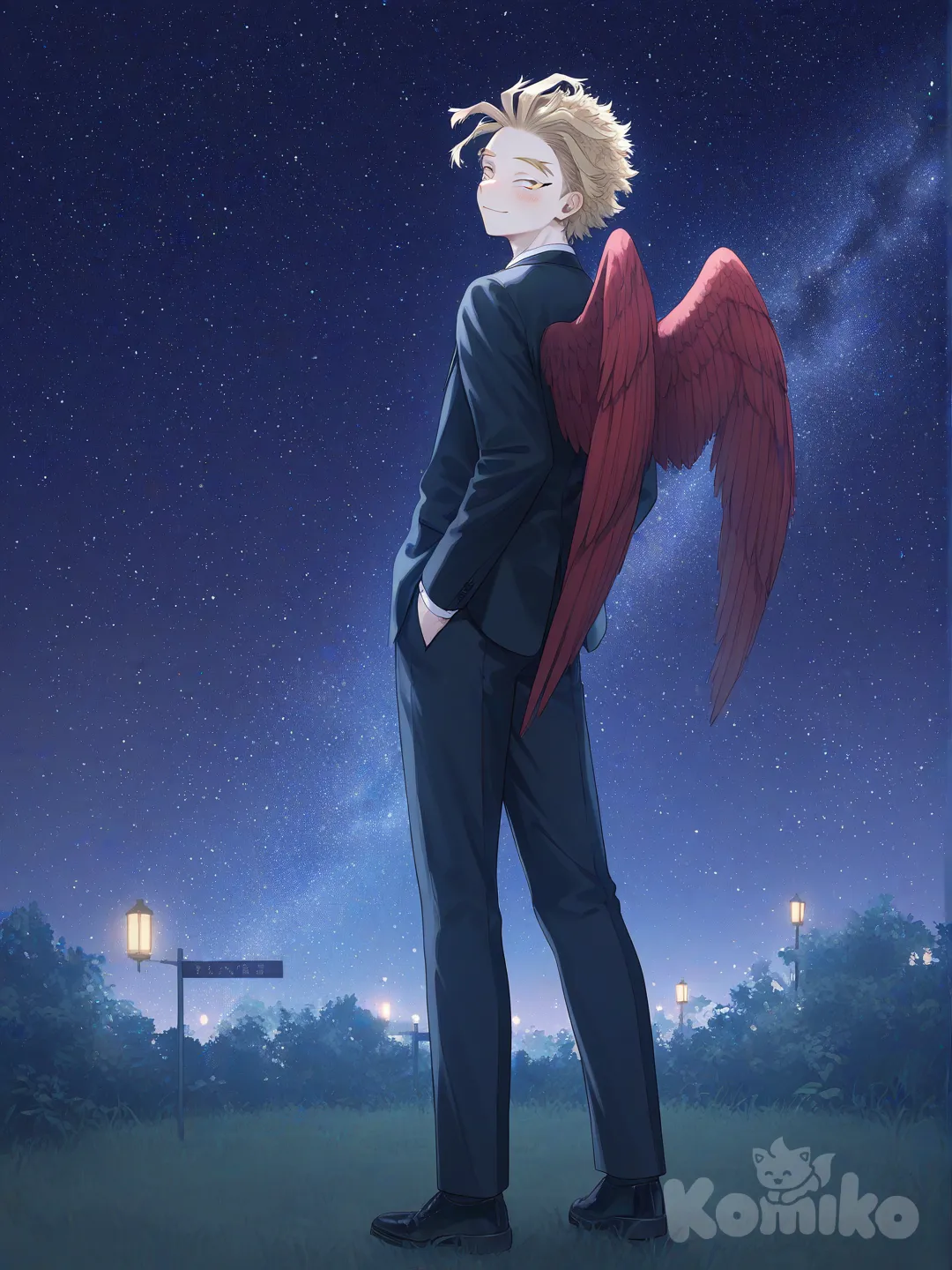 @Hawks_(Boku_No_Hero_Academia), [soft-pastel-style], hands in pockets, smile, tuxedo, looking back, blush, full body, looking at viewer, night, starry sky, park