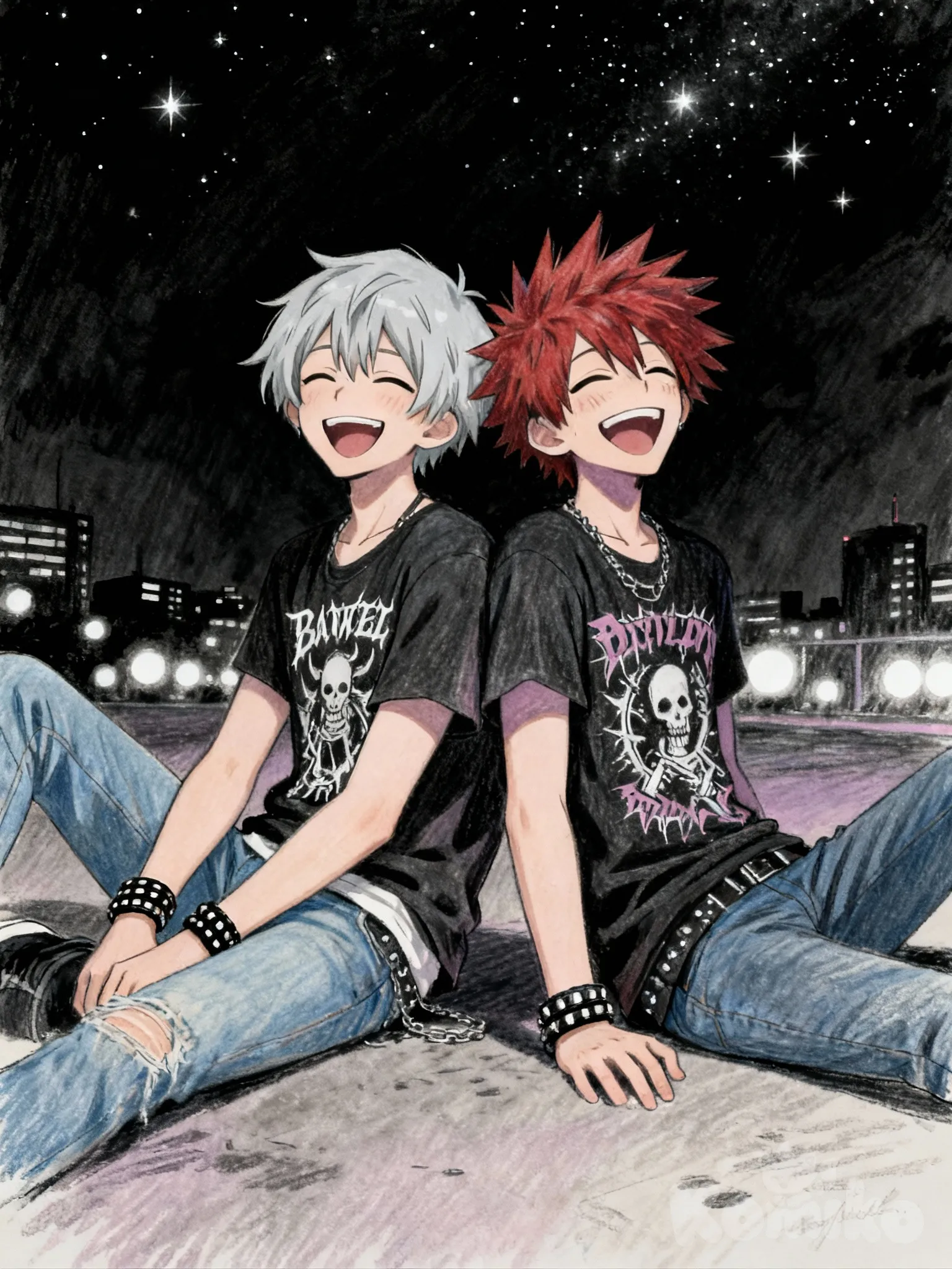 @sasha-todoroki-Xj9g, @Dabi_(Boku_No_Hero_Academia), smile, laughing, sitting on the ground, back to back, punk t-shirt, jeans, bracelet, full body, night, city lights, starry sky, [soft-pastel-style], charcoal black