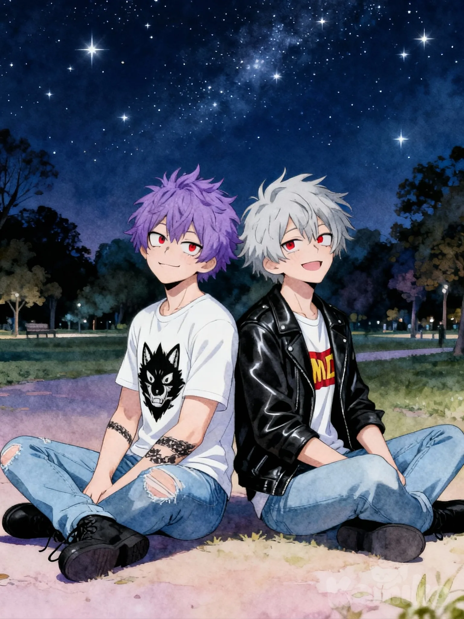 @silas-m8jT, @sasha-todoroki-Xj9g, [soft-pastel-style], sitting on the ground, back to back, smile, full body, looking at viewer, head tilt, night, park, starry sky