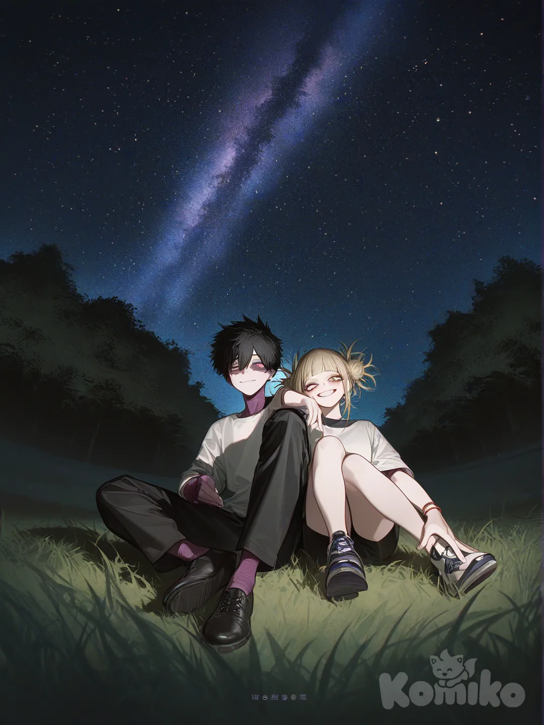 @Dabi_(Boku_No_Hero_Academia), @Toga_Himiko, [high-contrast-glossy-style], sitting on the ground, back to back, smile, bracelet, full body, night, starry sky, park