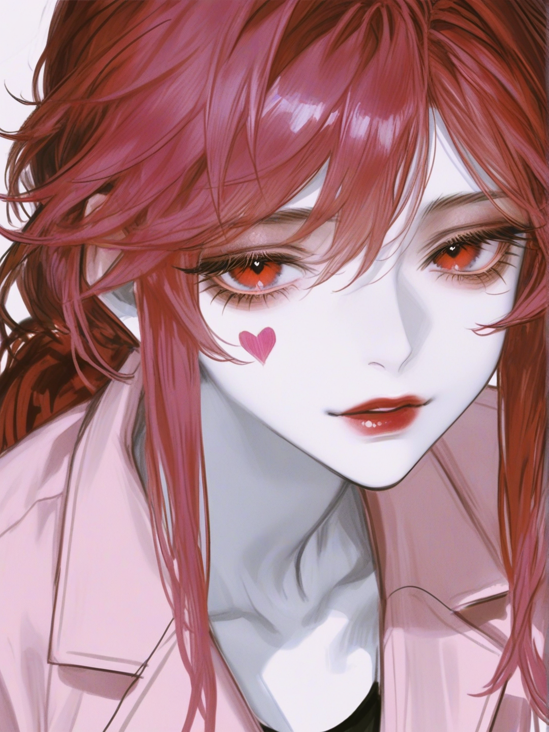 [semi-realistic-portrait-style] 1girl, furry, mature female, slim, tall, short hair, straight hair, pink and red hair, red eyes, pink heart-shaped mark on left side of face, white skin, pink suit, single character, full body, looking at viewer, anime style, simple background, white background
