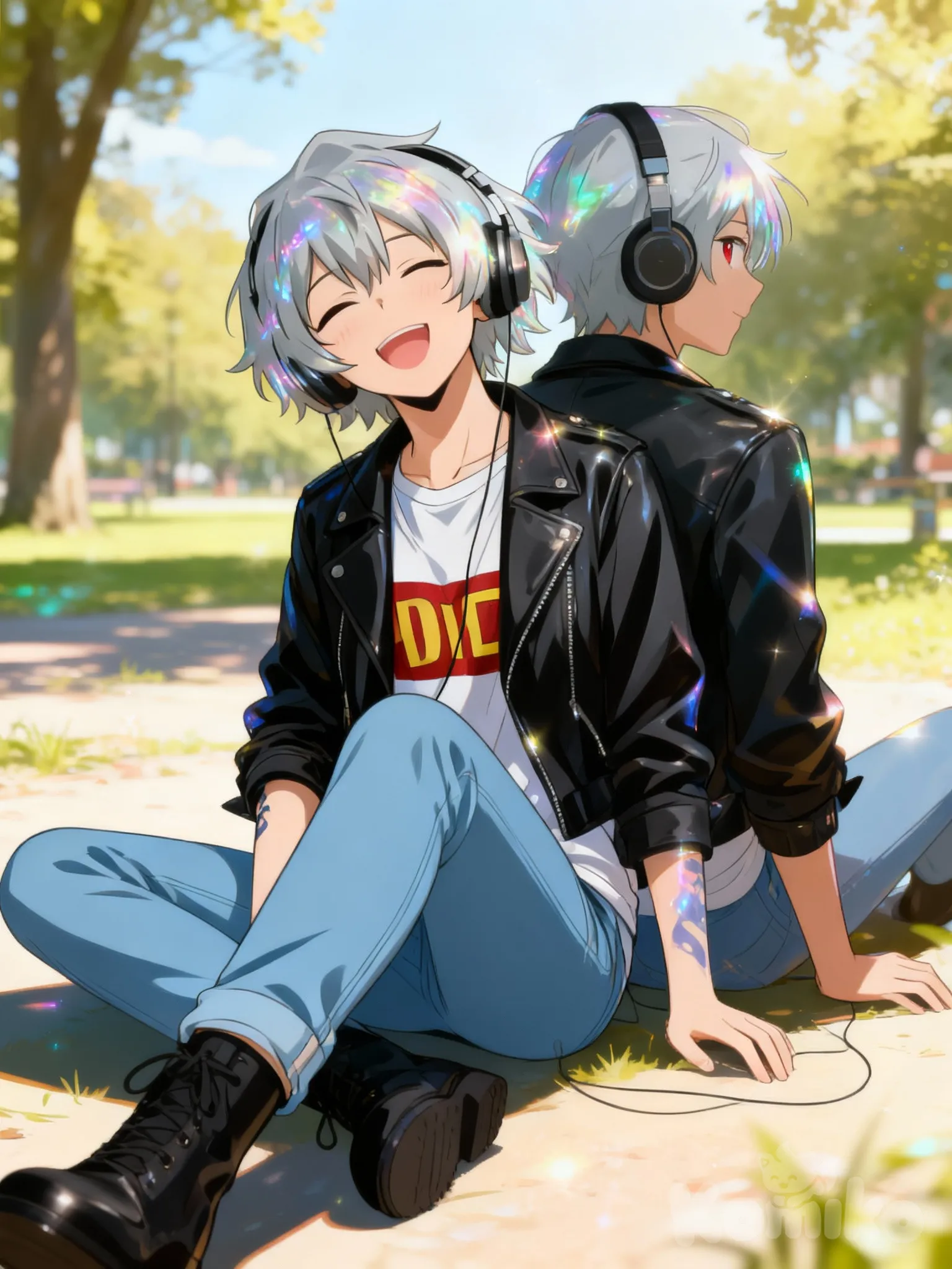 @sasha-todoroki-Xj9g, [iridescent-style], sitting on the ground, head tilt, singing, smile, upper body, looking at viewer, day, headphones, @Shigaraki_Tomura, back to back, park