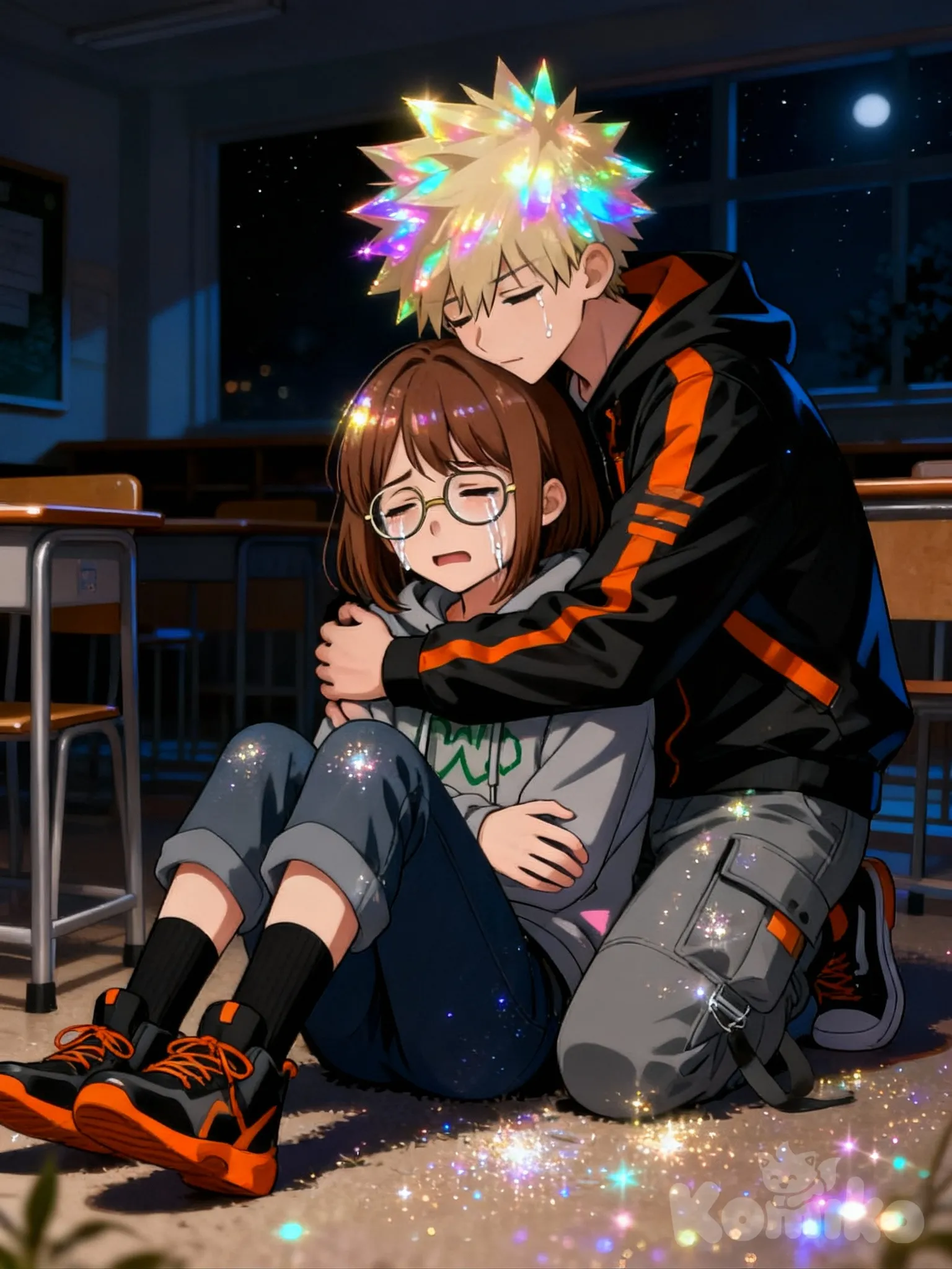 @jasutisu-WqYH, [iridescent-style], sitting on the ground, crying, hoodie, @Bakugou_Katsuki, hugging, full body, night, classroom
