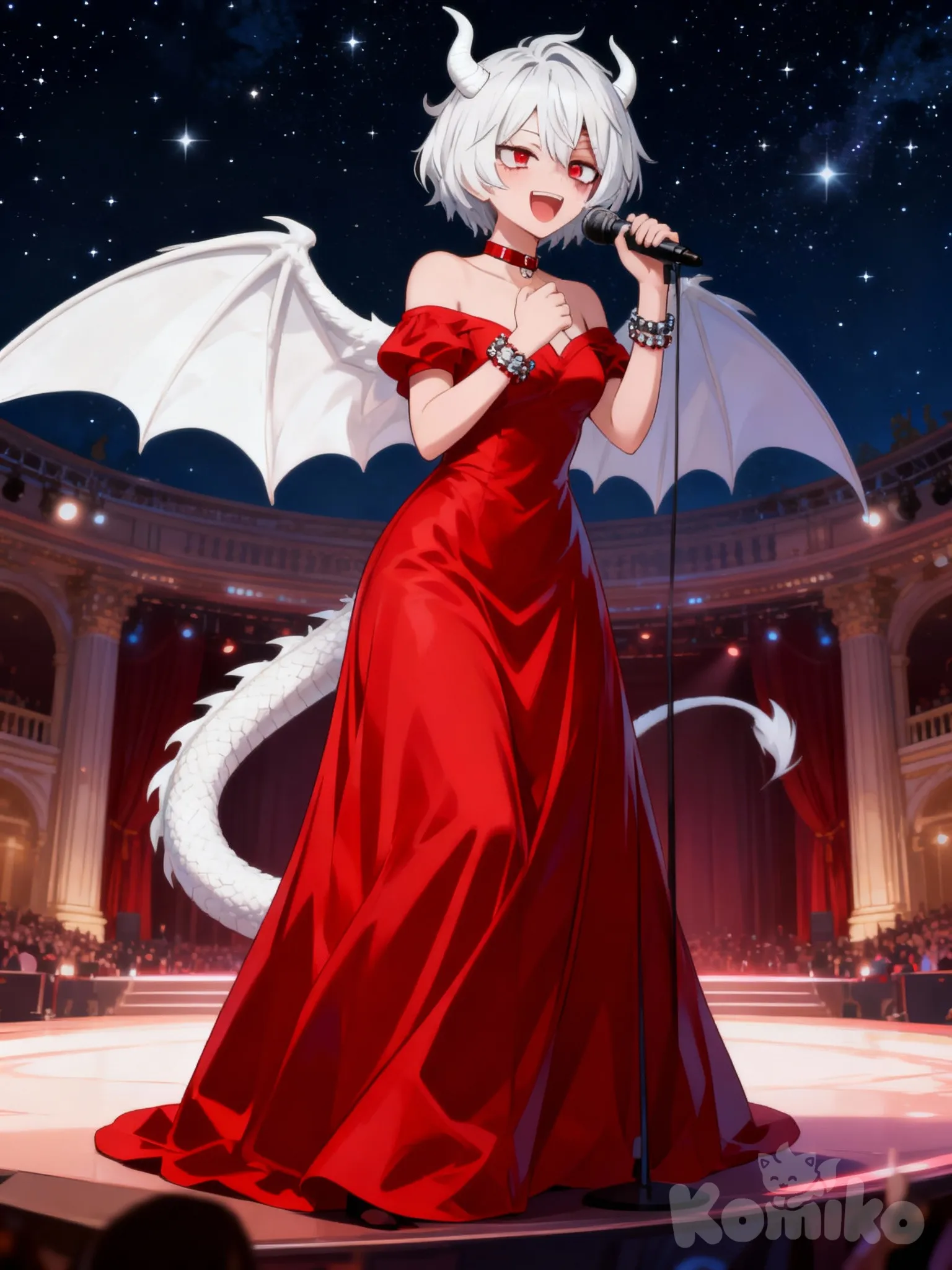 @lily-shimura-shigaraki-Drej, singing, smile, red dress, white dragon horns, white dragon tail, white dragon wings, bracelet, choker, full body, night, starry sky, stage