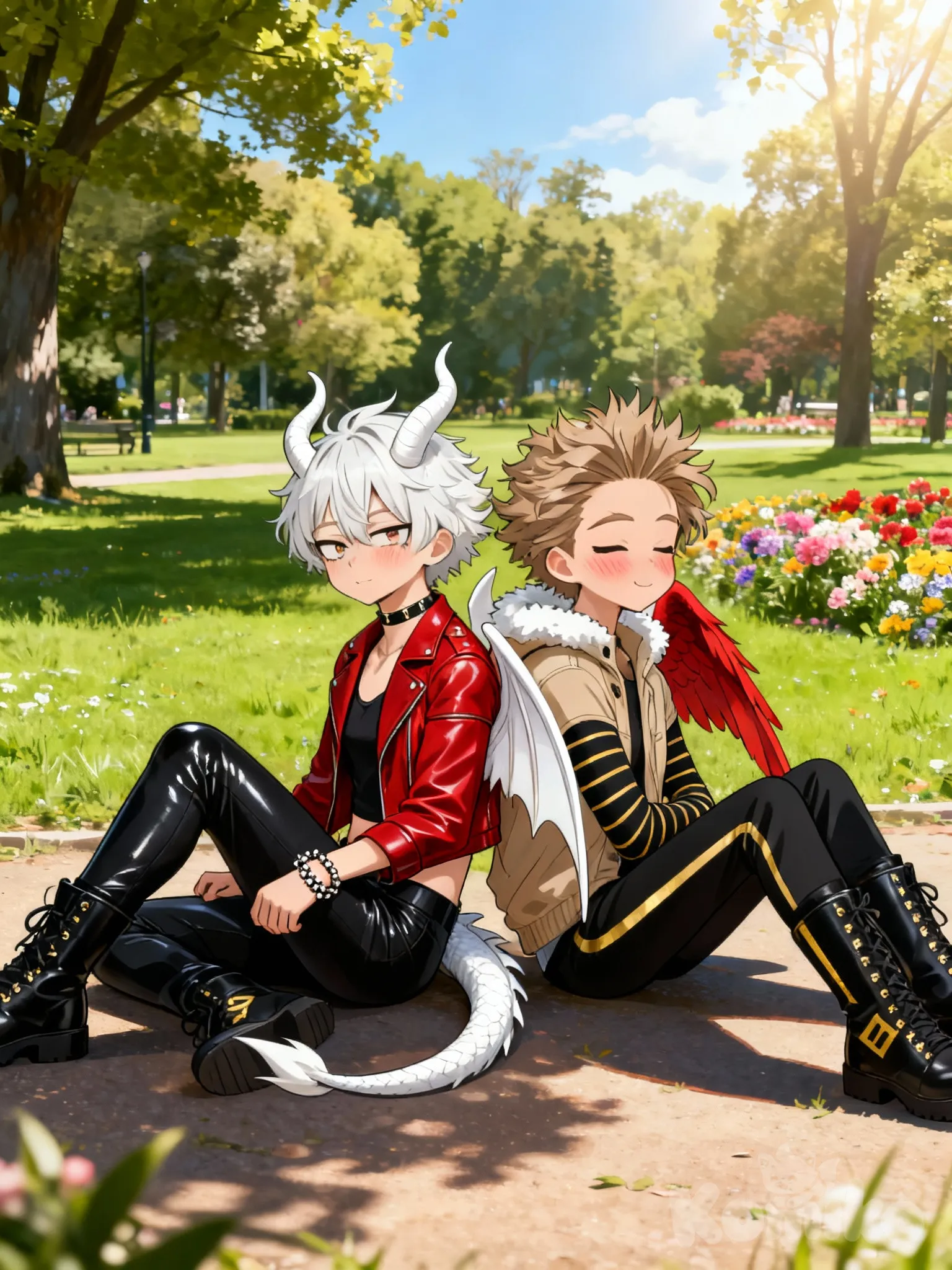 @lily-shimura-shigaraki-Drej, smile, white dragon horns, white dragon tail, white dragon wings, bracelet, choker, full body, sitting on the ground, @Hawks_(Boku_No_Hero_Academia), blush, back to back, park, day