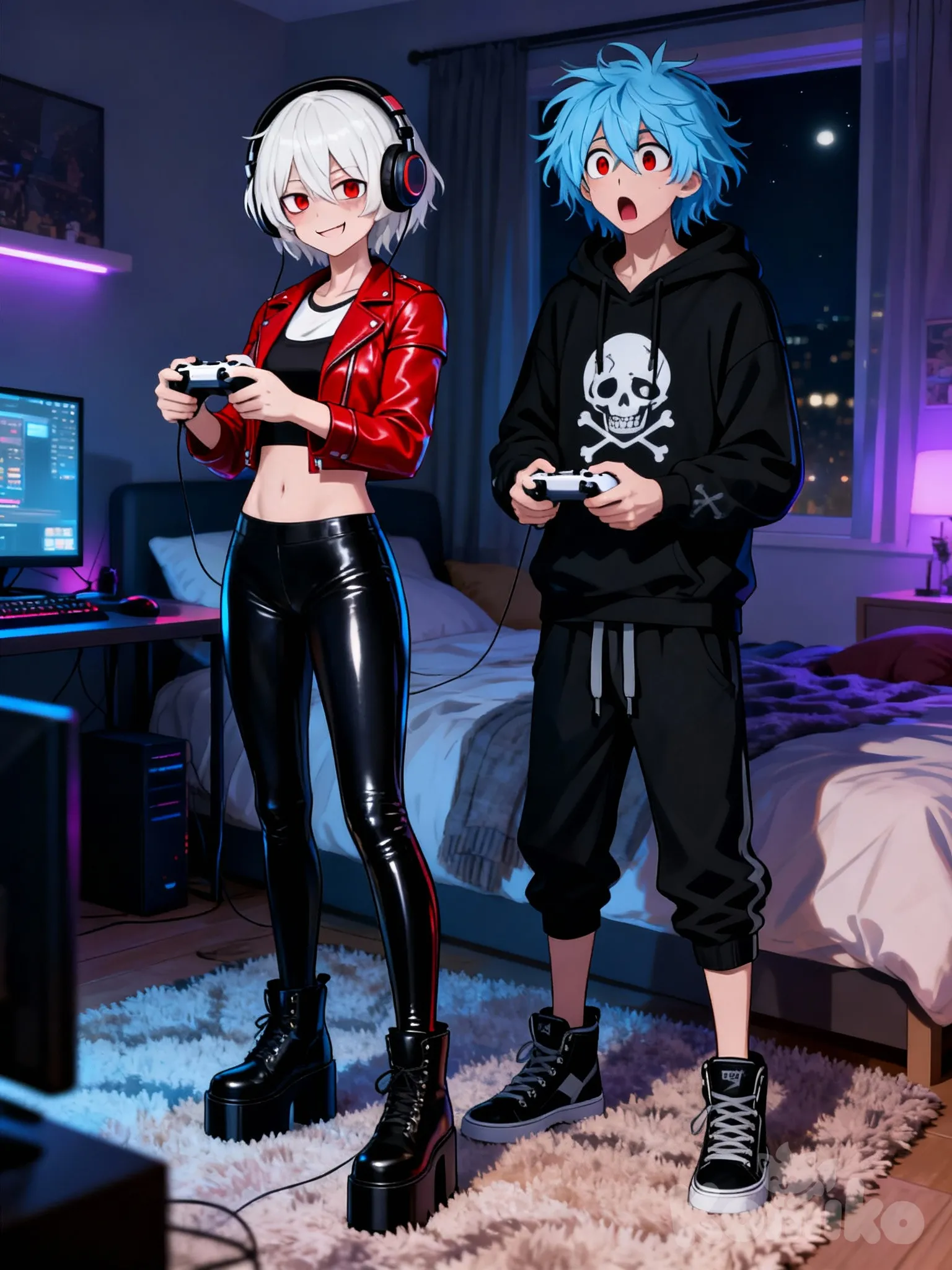 @lily-shimura-shigaraki-Drej , holding game controller, smirk, t-shirt, casual pants, headphones, @Shigaraki_Tomura, holding game controller, shocked, full body, night, bedroom