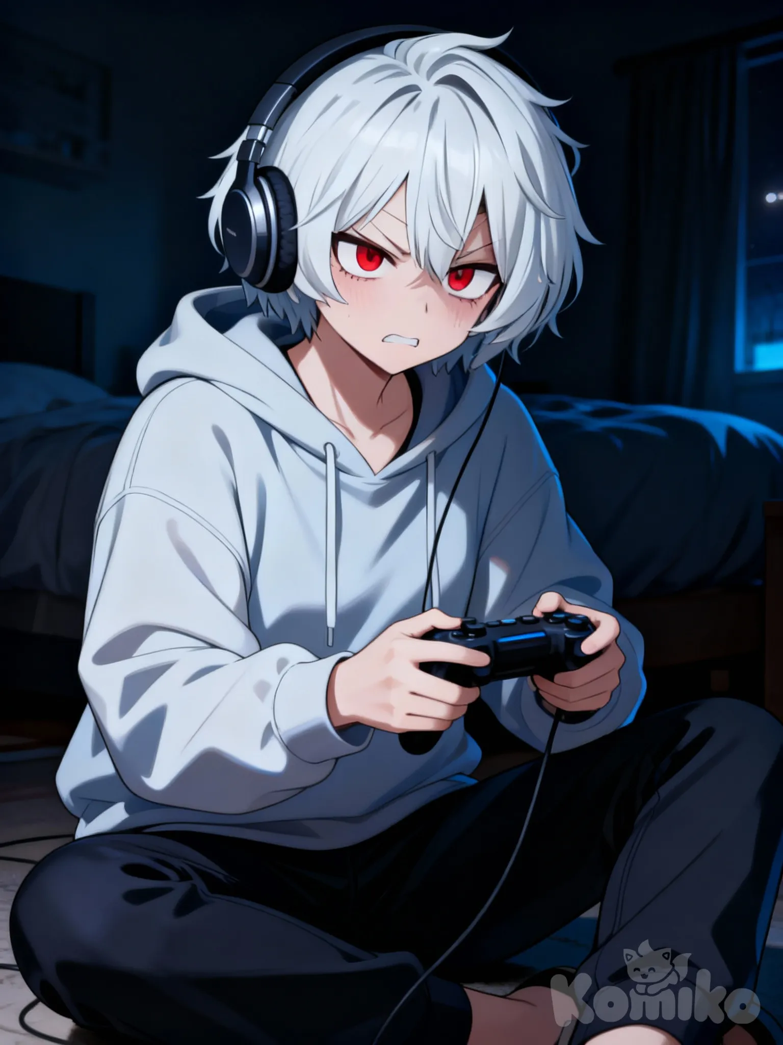 @lily-shimura-shigaraki-Drej, sitting on the ground, angry, holding game controller, hoodie, casual pants, headphones, upper body, night, bedroom