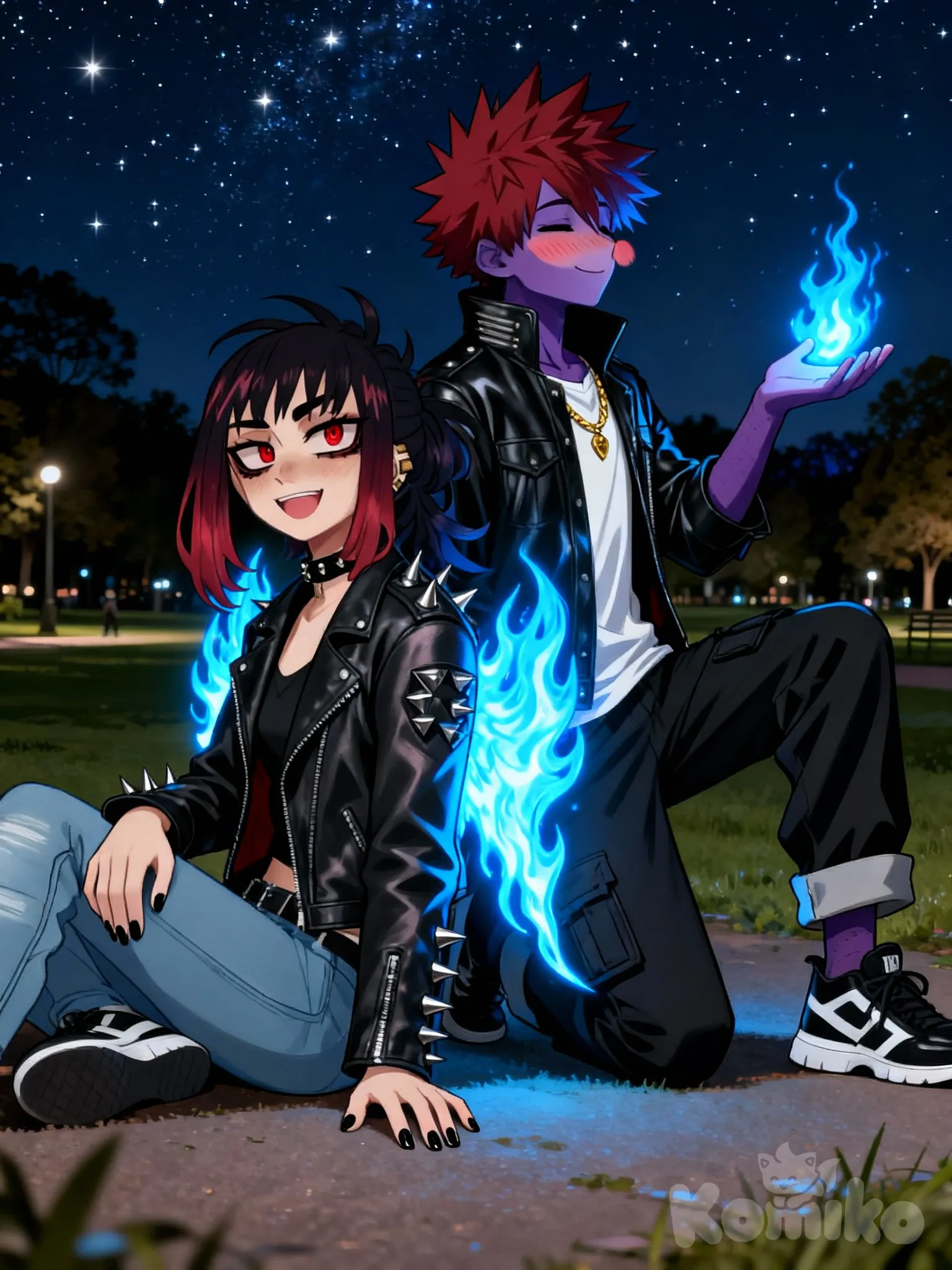 @ashley-djN3, sitting on the ground, smile, punk leather jacket, choker, blue flame wings, @Dabi_(Boku_No_Hero_Academia), back to back, blush, hand out holding blue flame, full body, night, park, starry sky