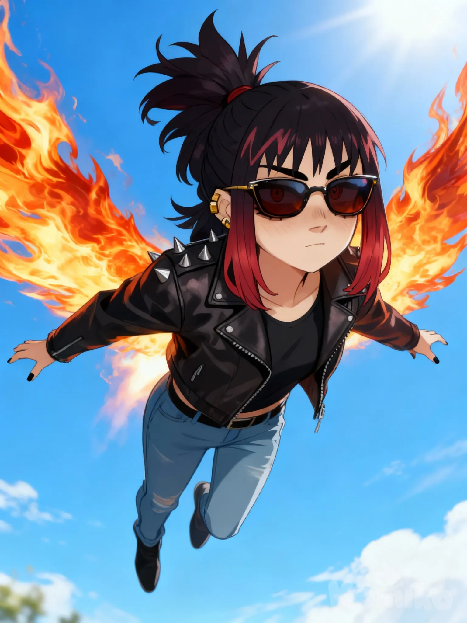 @ashley-djN3, flying, smile, flame wings, sunglasses, full body, day, sky