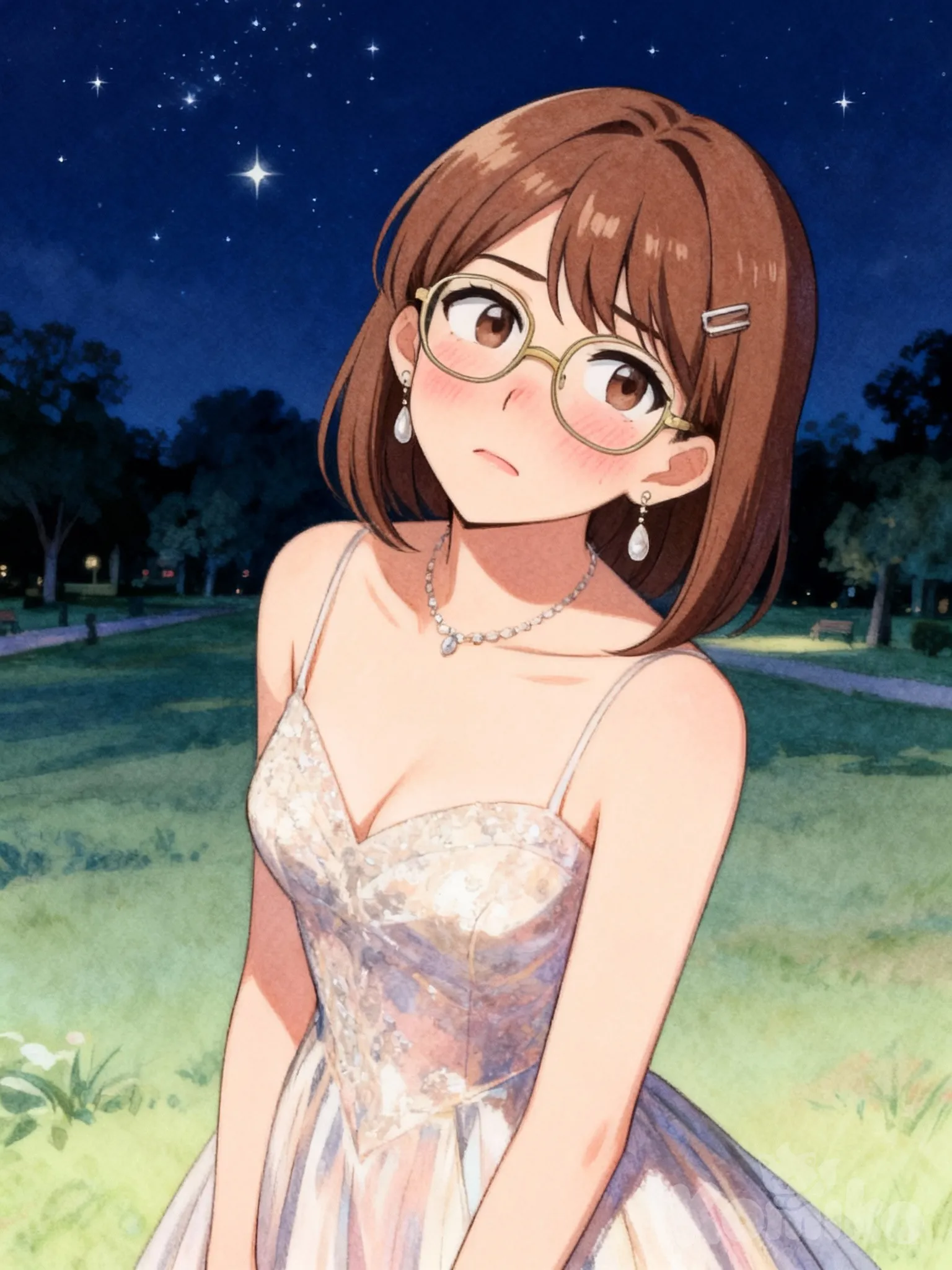 @jasutisu-WqYH, [soft-pastel-style], nervous, blush, head tilt, evening dress, earrings, necklace, glasses, hairpin, looking at viewer, night, starry sky, park, upper body