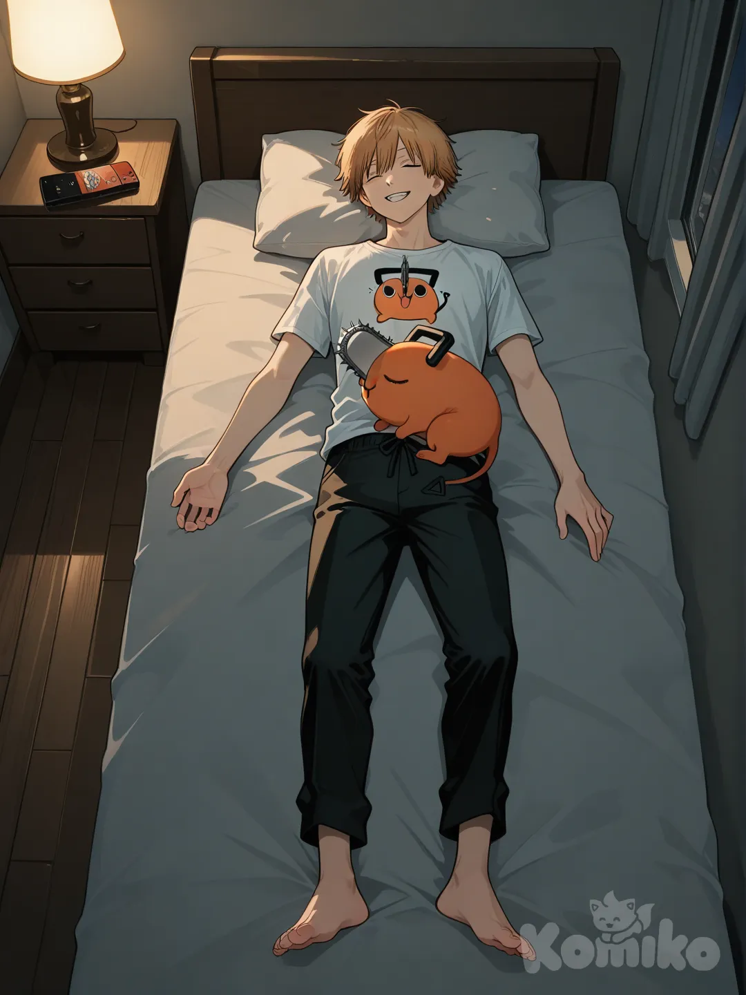 @Denji_(Chainsaw_Man), laying down in bed, smile, t-shirt, casual pants, @Pochita_(Chainsaw_Man), sleeping on person, full body, night bedroom