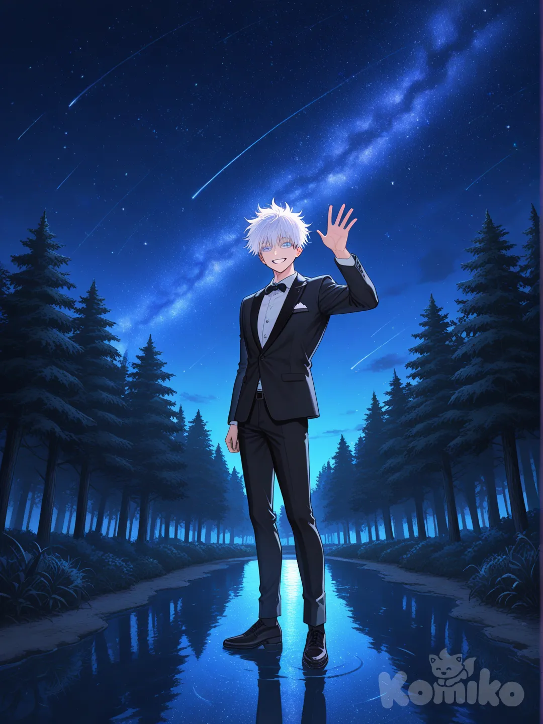 @Gojou_Satoru, waving, smile, tuxedo, full body, night, starry sky, forest