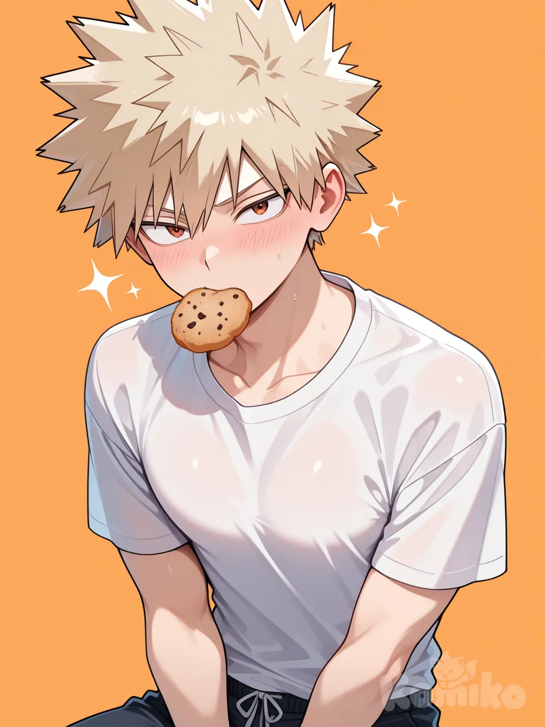 Bakugou Katsuki, has cookie in mouth, blush, embarrassed, t-shirt, casual pants, looking at viewer, day, kawaii, orange background with sparkes , portrait