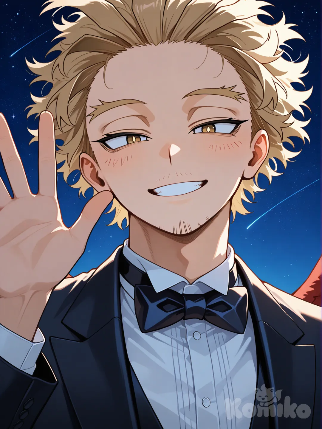 @Hawks_(Boku_No_Hero_Academia), waving, tuxedo, smile, upper body, night, starry sky