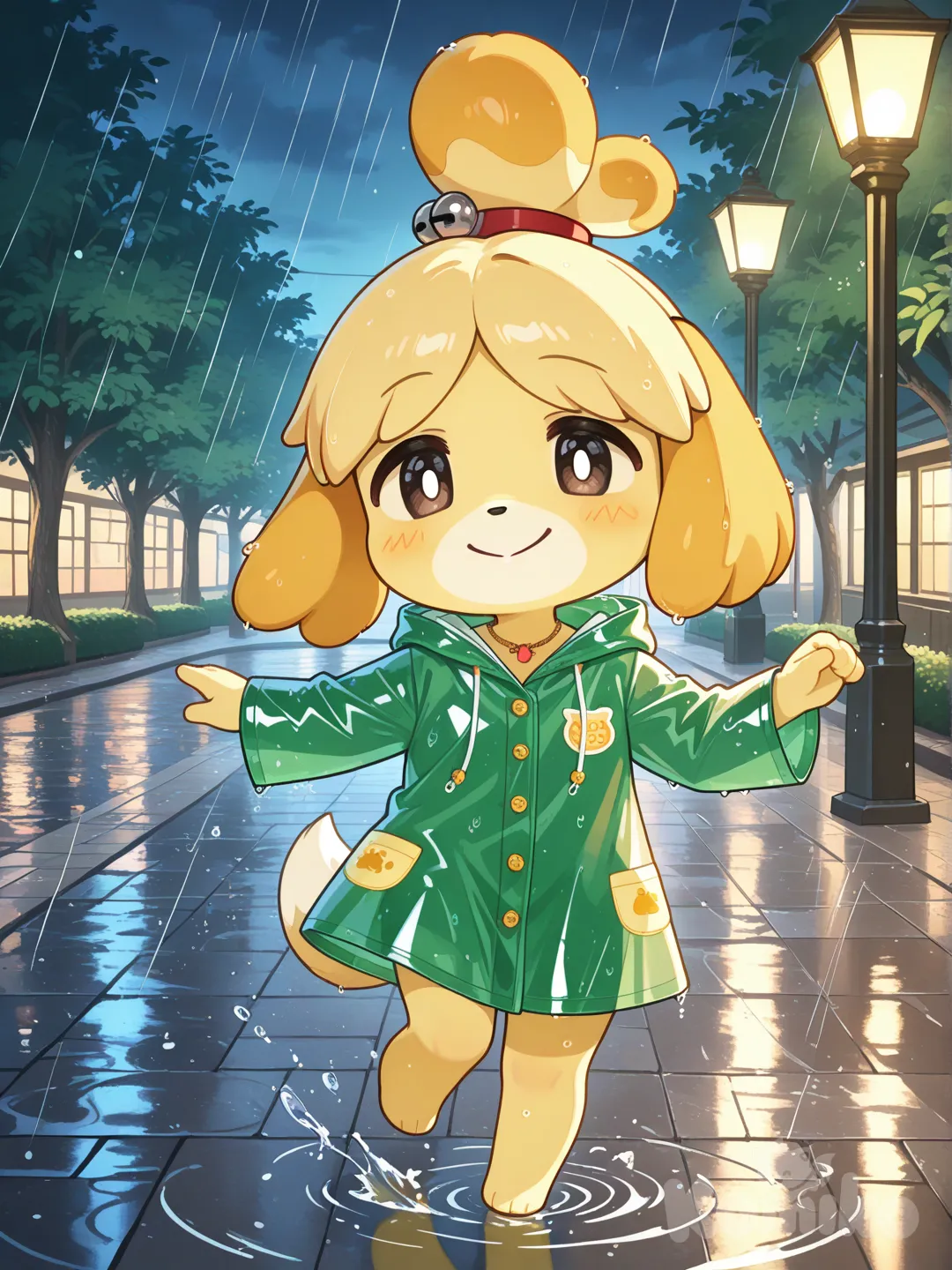 @Isabelle_(Animal_Crossing), smile, raincoat, dancing, necklace, full body, night, park, rainy