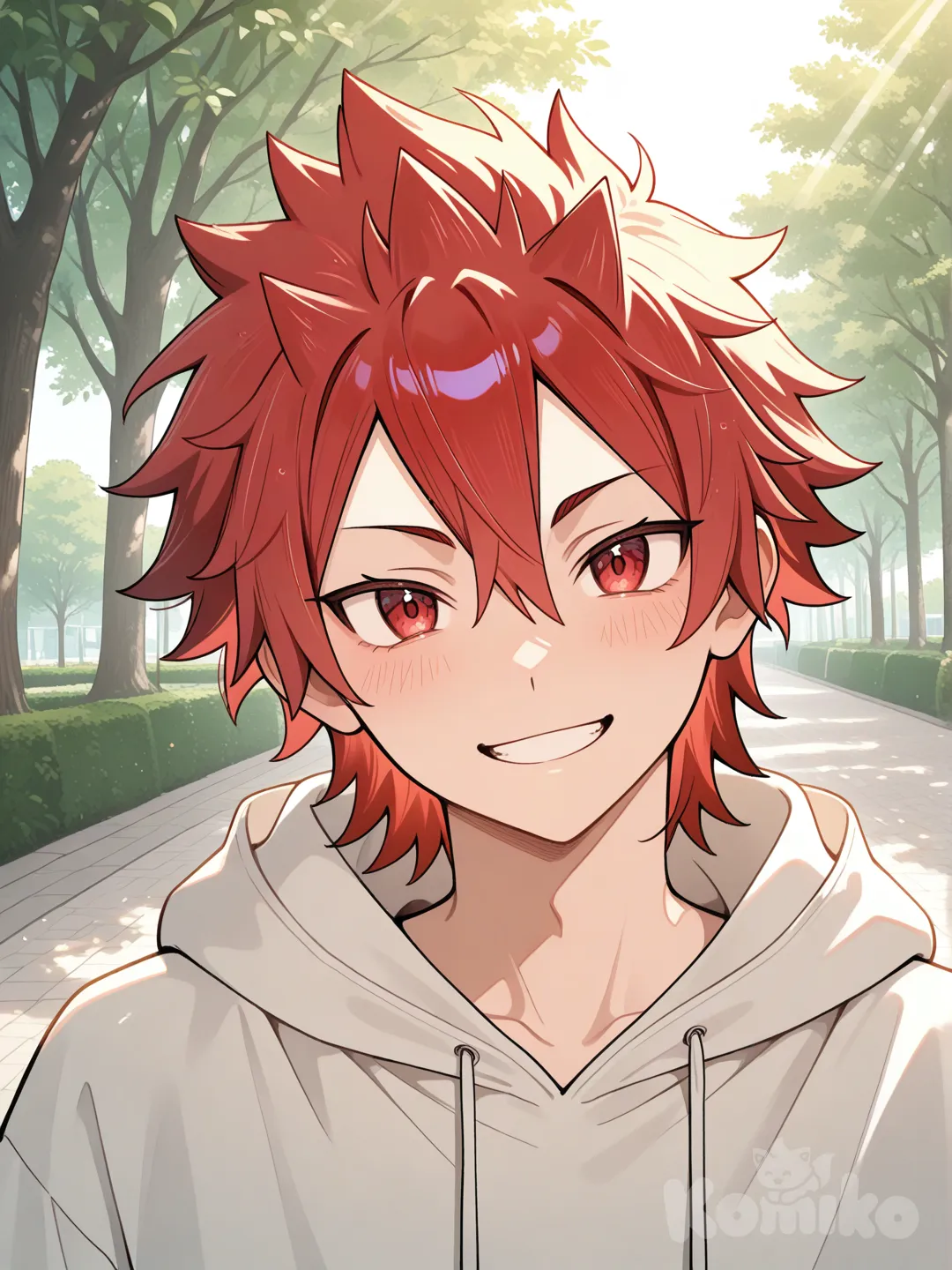 @Kirishima_Eijirou, smile, hoodie, headshot, day, park, head tilt