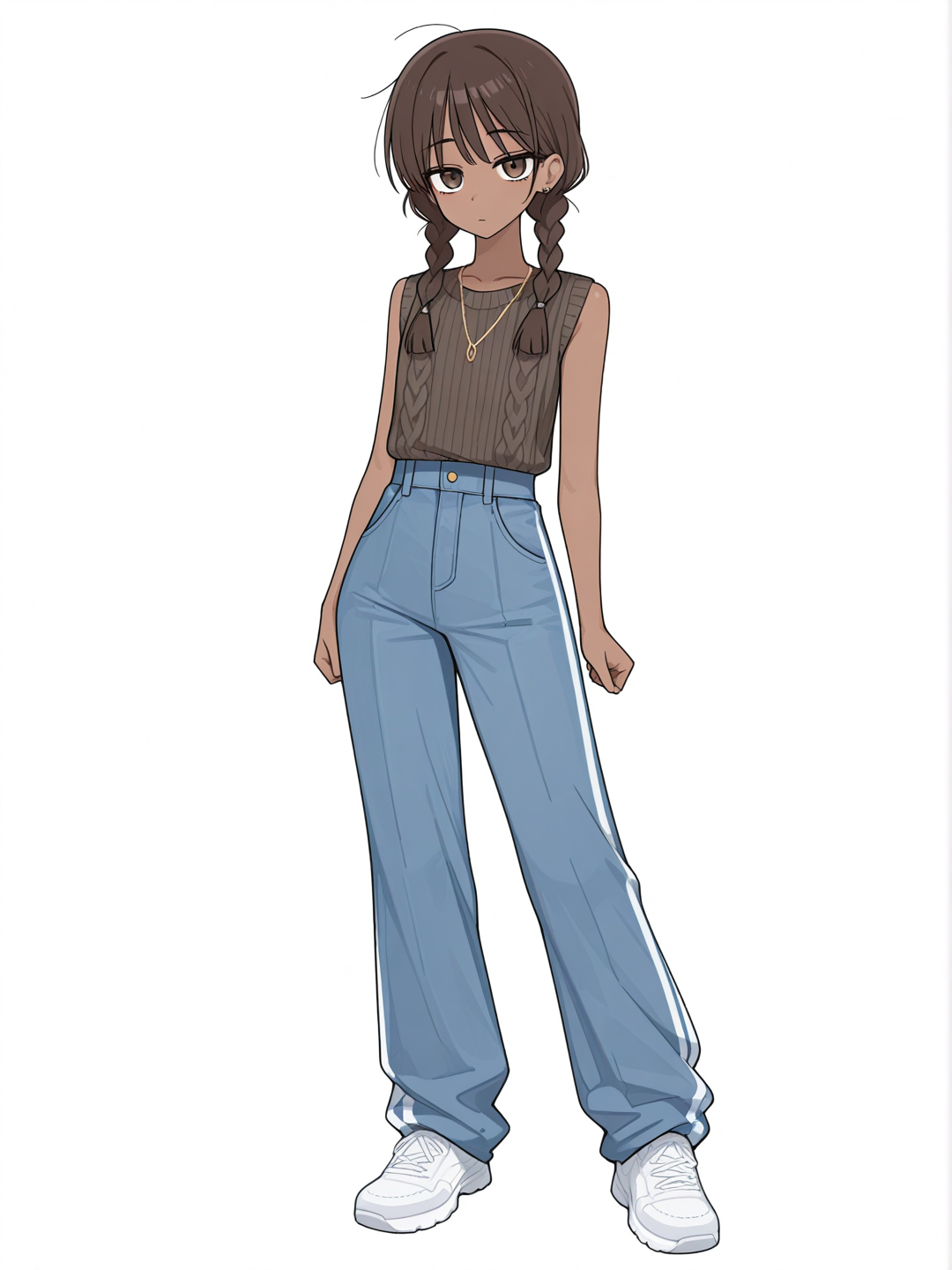 [toon-shaded-style] 1girl, solo, teen, slim, short, brown_hair, braids, brown_eyes, dark_skin, knitted_vest, wide-leg_pants, necklace, single character, full body, looking at viewer, anime style, simple background, white background
