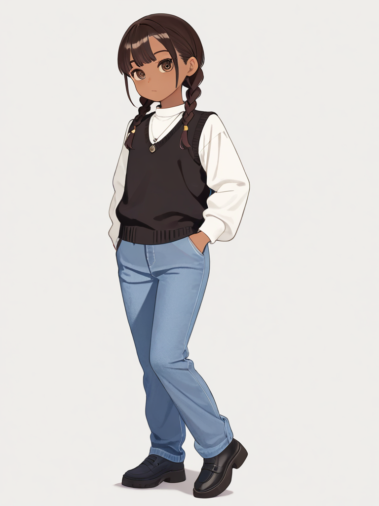 1girl, teen, slim, short, brown_hair, braids, brown_eyes, dark_skin, knitted_vest, wide-leg_pants, necklace, single character, full body, looking at viewer, anime style, simple background, white background