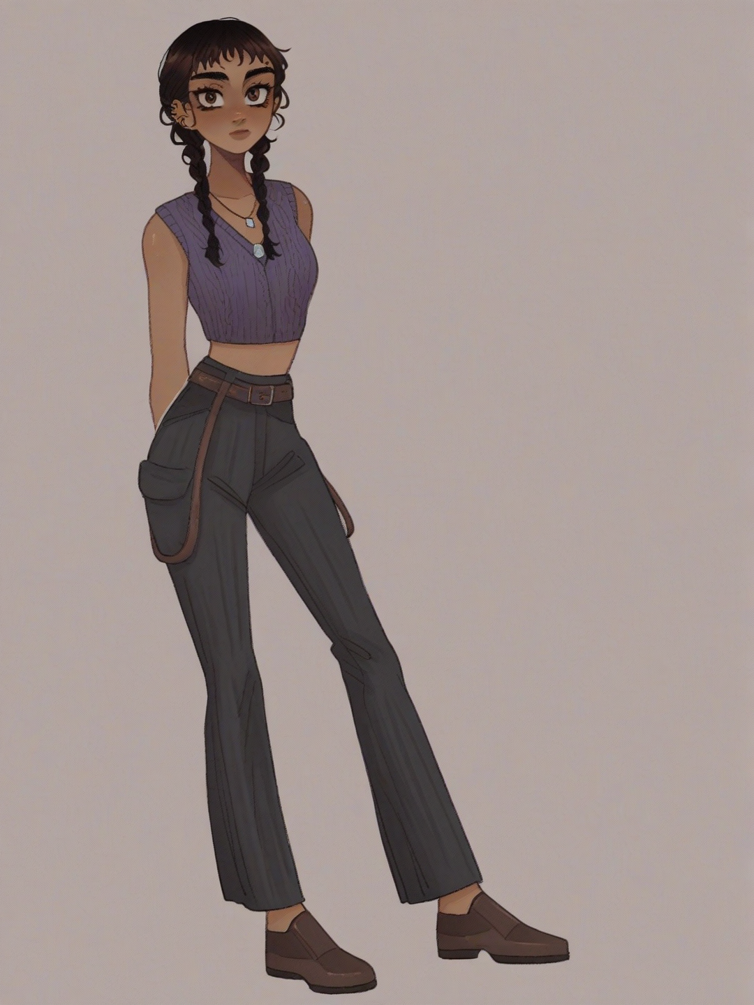 [soft-shaded-moe-style] 1girl, teen, slim, short, brown_hair, braids, brown_eyes, dark_skin, knitted_vest, wide-leg_pants, necklace, single character, full body, looking at viewer, anime style, simple background, white background