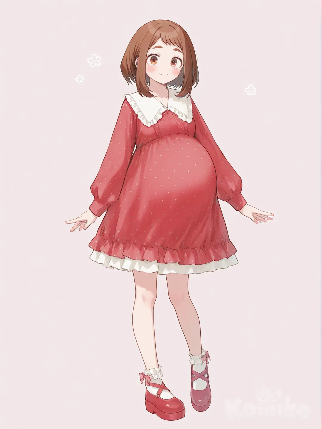@Uraraka_Ochako, grávida, de vestido vermelho de bolinhas brancas , sorrindo em pé, ruffles, [soft-pastel-style]