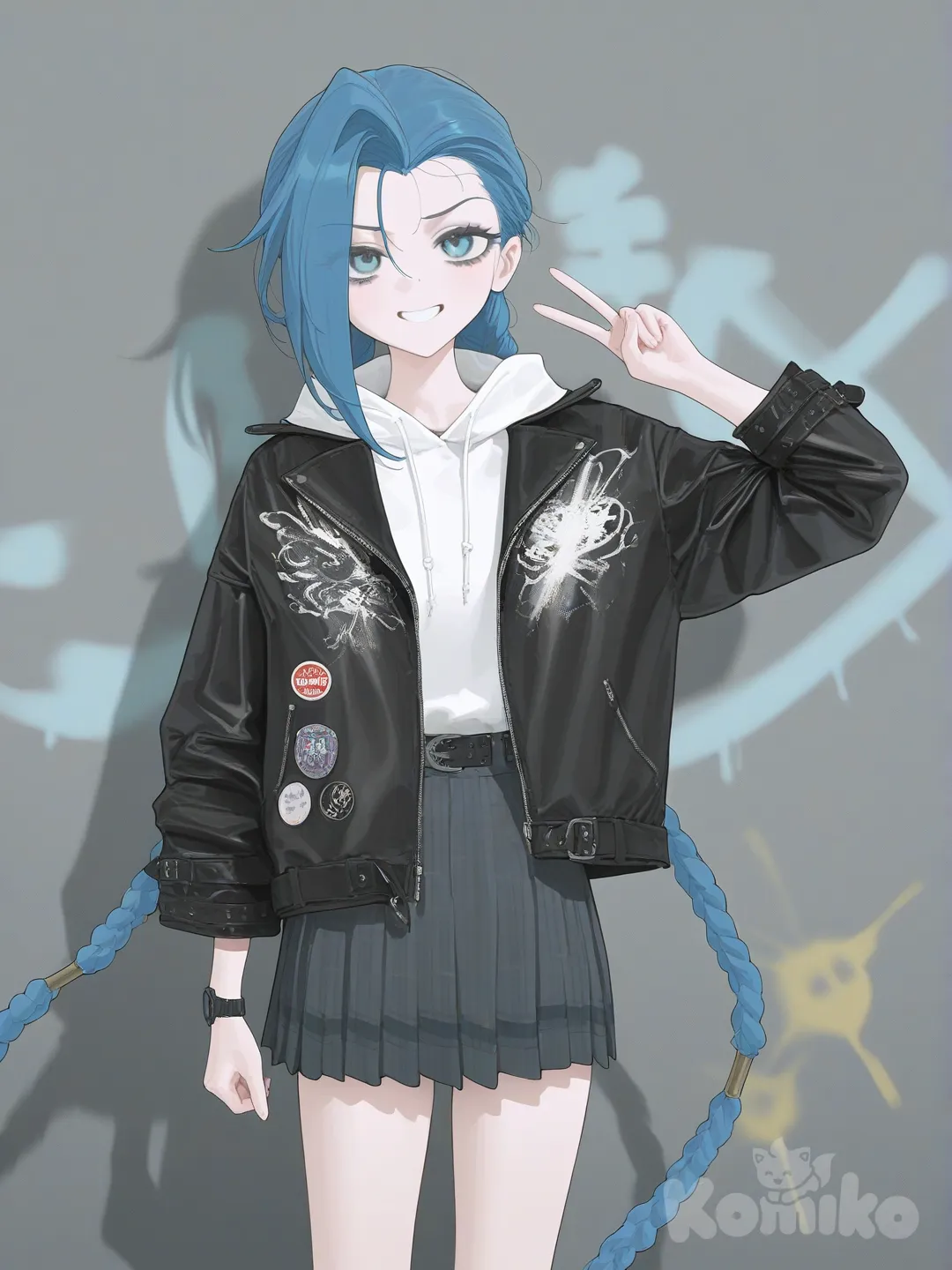 @Arcane_Jinx, v sign, punk leather jacket, raincoat, pleated skirt, mechanical watch, [vibrant-anime-style]