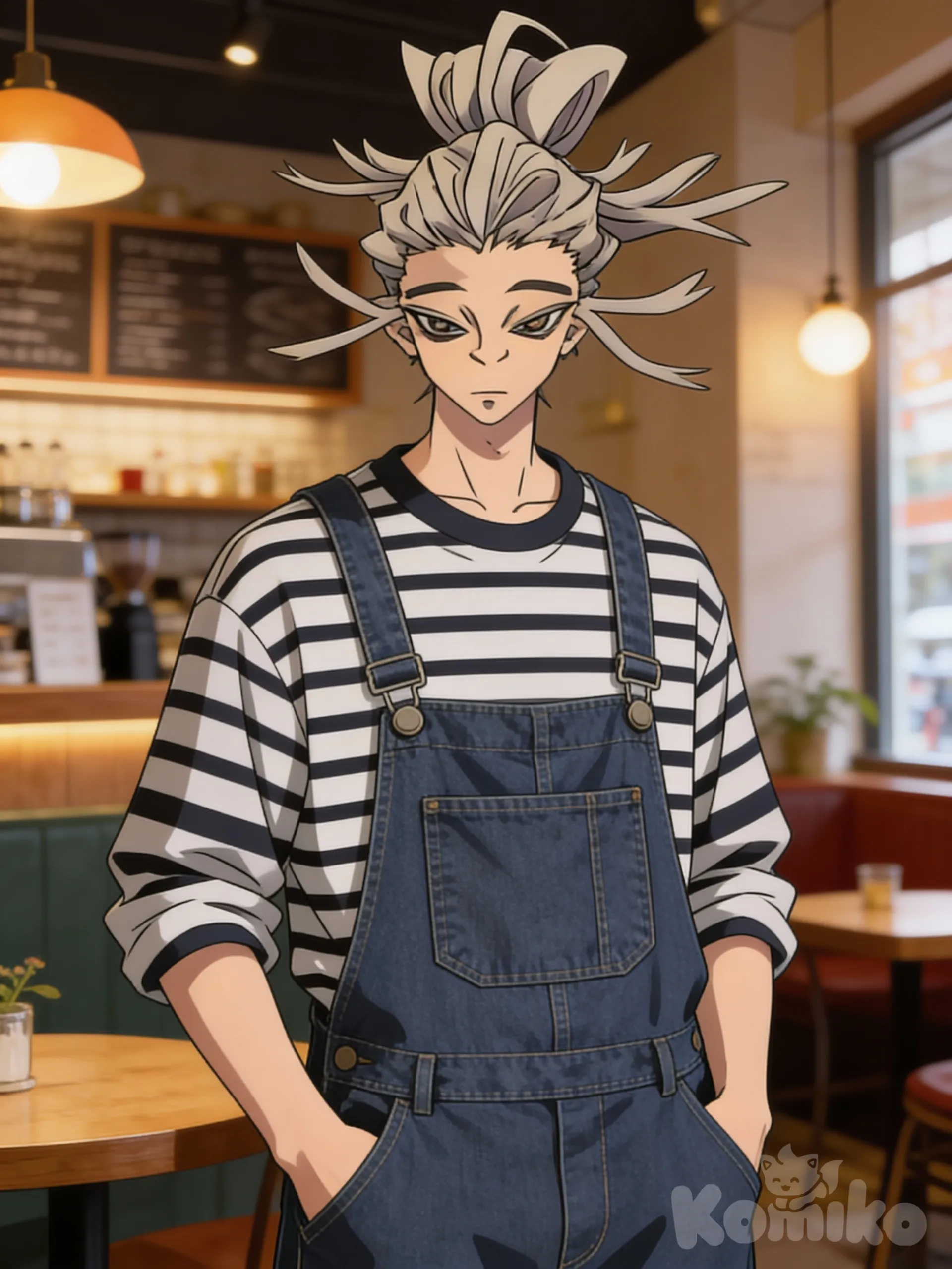 @Tamsy_Caines, hands in pockets, striped shirt, overalls, closeup, ambient light, cafe