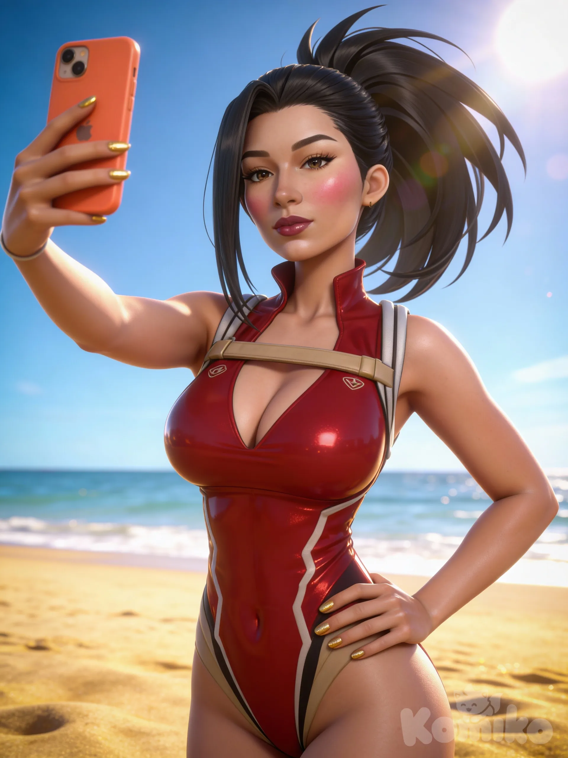 yaoyorozu momo, maiô vermelho, fundo de praia, pose igual da img1., [3d-anime-style], @Yaoyorozu_Momo